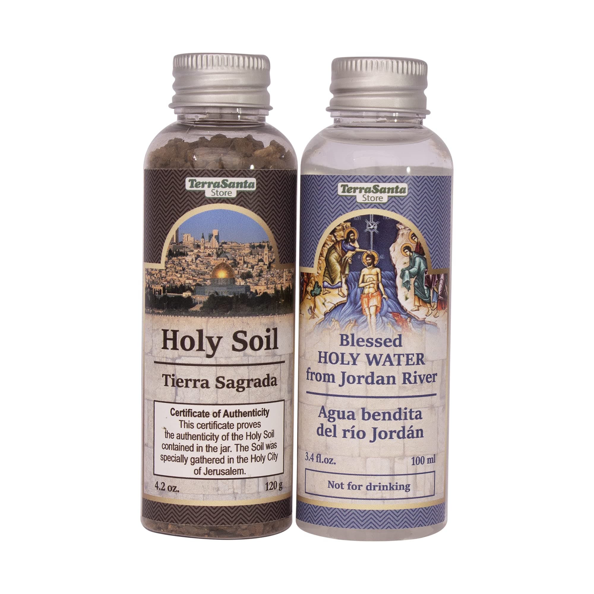 Blessed Authentic Bottle Set with Holy Water 8.4 fl.oz(100 ml) Souvenir from Jerusalem Holy Land Holy Soil Israel Earth 4,2oz (120 gr) Certificate Gift Spiritual Tierra Sagrada Christian