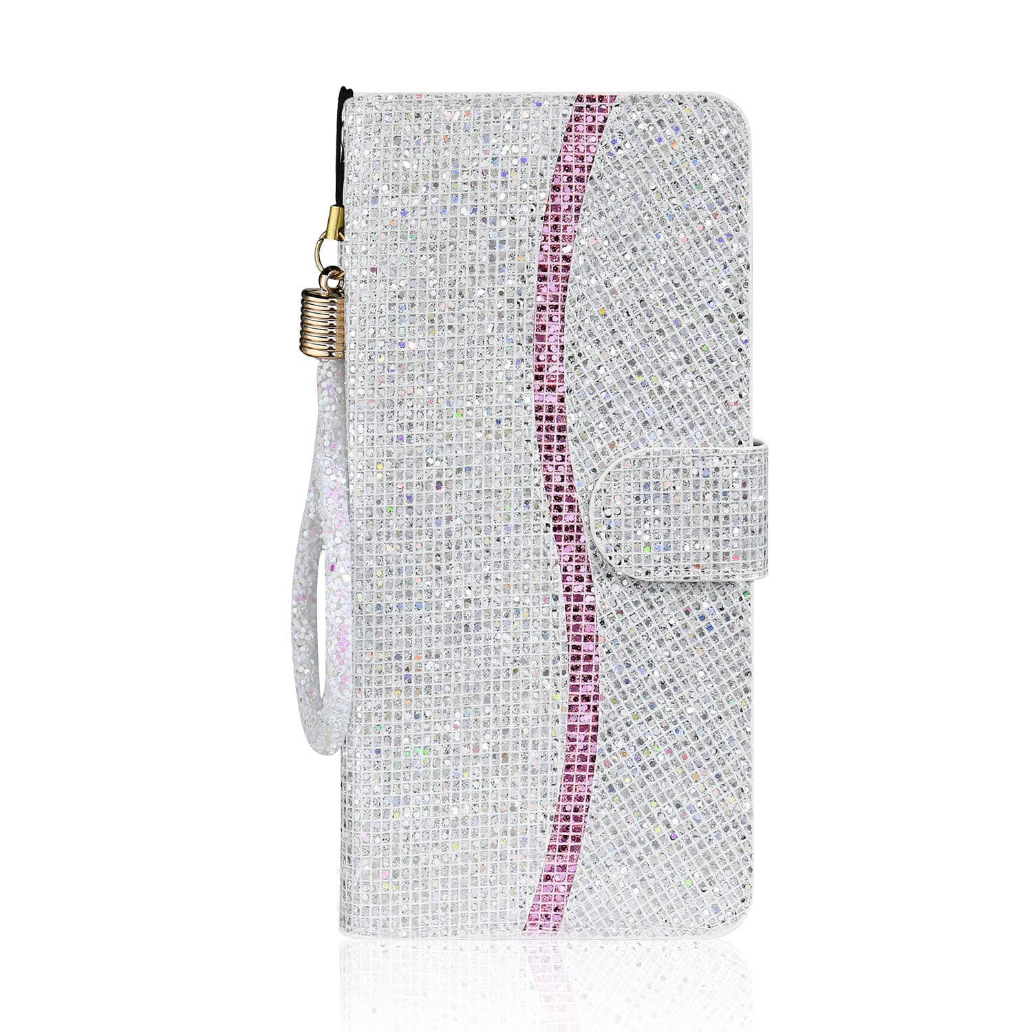 Tiyoo Phone Case for iPhone 12 Mini Flip Case Bling Glitter Sparkle Case, 3D Sequins Leather Wallet Cover with Magnetic Closure, Support Stand and Card Slots, with Lanyard Strap (Silver/White)