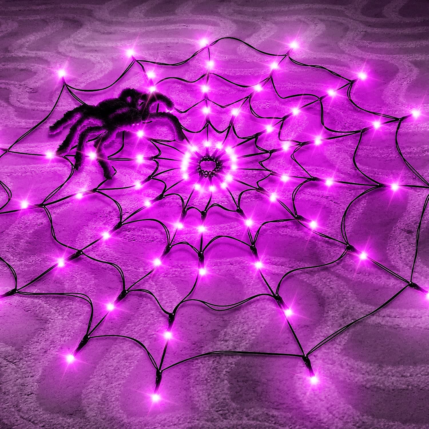 Halloween Decorations Spider Web Lights, 70 LED 8 Modes Battery Operated Waterproof Net Lights with Black Spider, Halloween Indoor Outdoor Décor for Home Yard Garden Window (Purple)