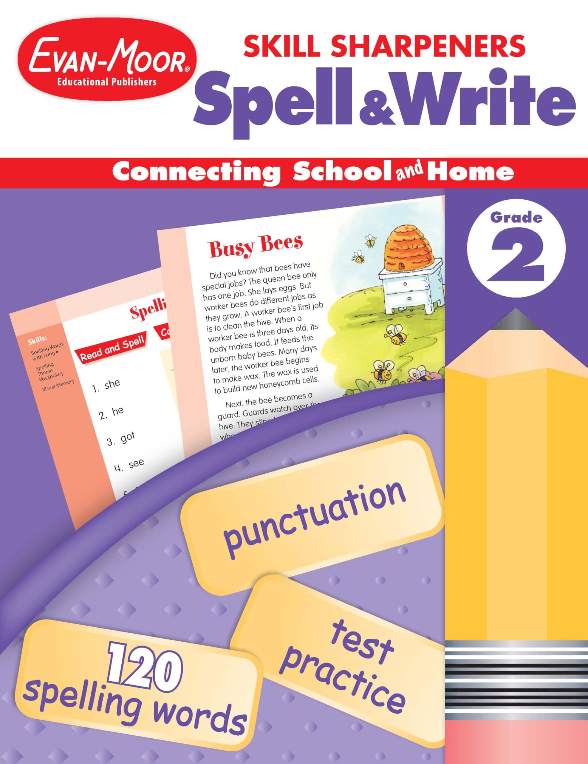 Evan-Moor Skill Sharpeners Spell and Write Workbook, Grade 2, 120 Spelling Words, Test Prep, Word Families, Short Vowels, Grammar, Punctuation, Creative Writing, Vocabulary, Activities, Homeschool