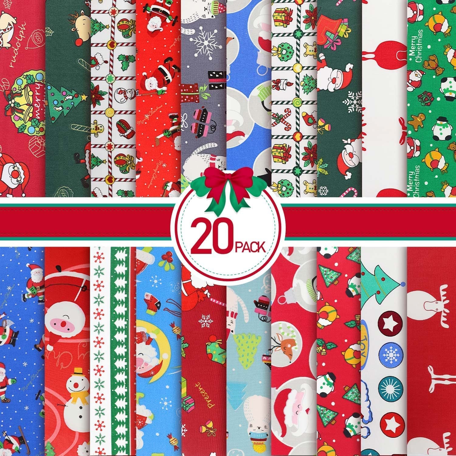 Christmas Fabric Bundles, 20 Pcs Multi Assorted Christmas Pattern Cotton Fabric Sewing Crafting DIY Supplies (9.8 x 9.8 Inch/25 x 25 cm)