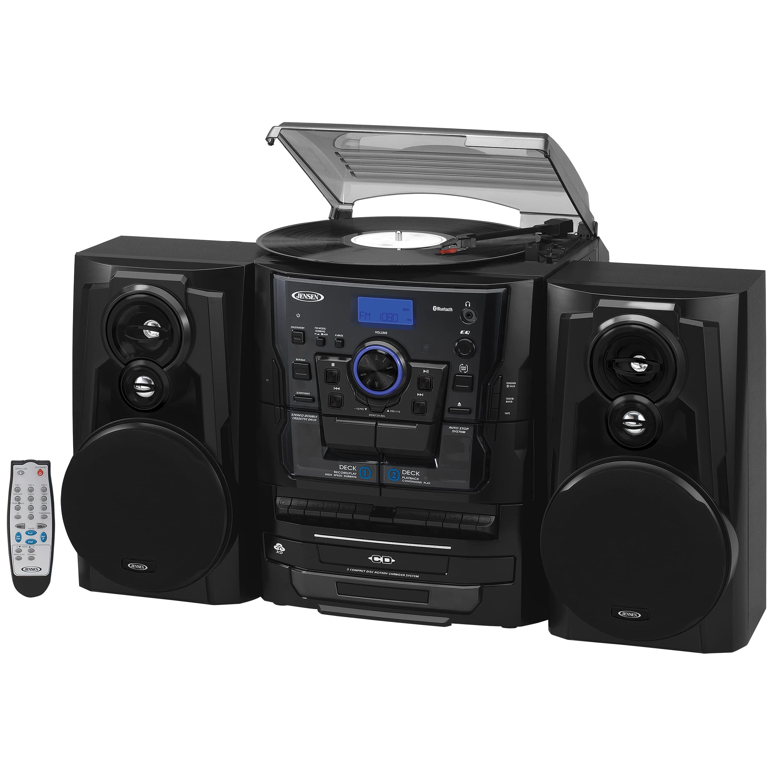 Jensen JMC1250 Bluetooth 3-Speed Stereo Turntable and 3 CD Changer with Dual Cassette Deck