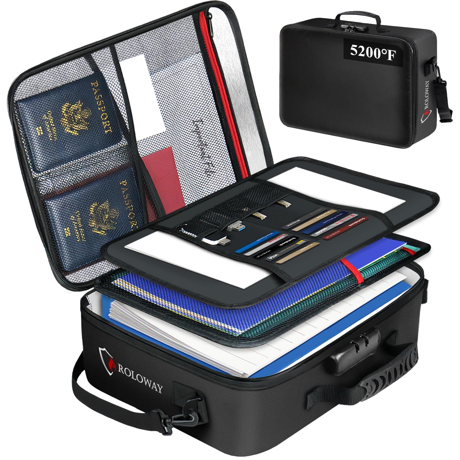 ROLOWAY 5200°F Fireproof Document Bag with Lock (17 x 12.3 x 5.3 inch), Upgraded Heat Insulated Fireproof Document Safe, Fireproof Bag for Document Organizer, Important Document Storage for Home Safe