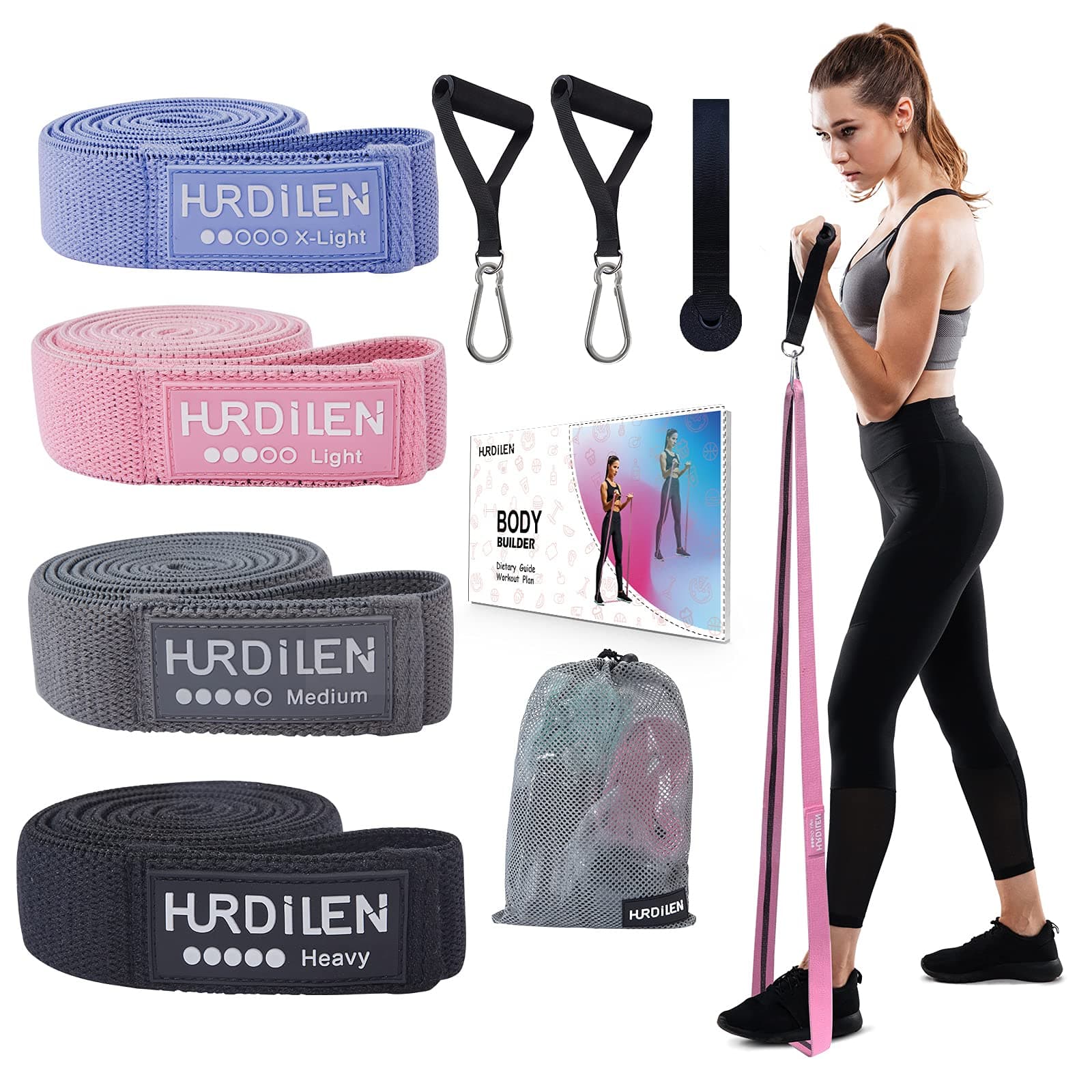 Long Resistance Bands, Fabric Pull Up Assistance Bands Long Workout Bands with Door Anchor, Handles, Fitness Loop Band Set for Leg Hip Full Body Workout (Purple,Pink,Gray,Black)