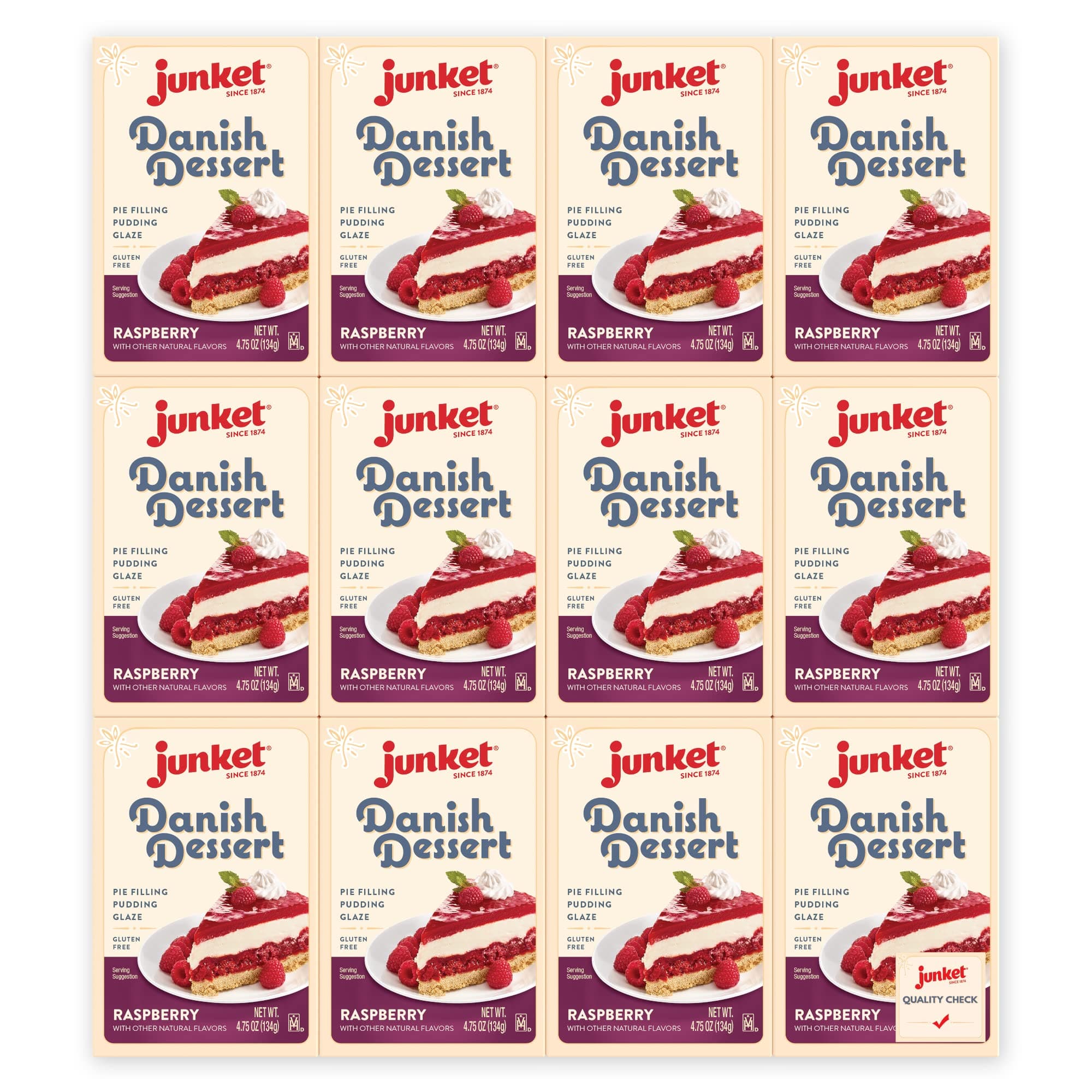 Junket Danish Dessert Raspberry Mix - for Raspberry Pie Filling, Cheesecake Topping, Sauces, Puddings, and Glazes. Easy! Add Water, Heat 60 Seconds, Add Fresh Fruit - Enjoy! 4.75 Ounce (Pack of 12)