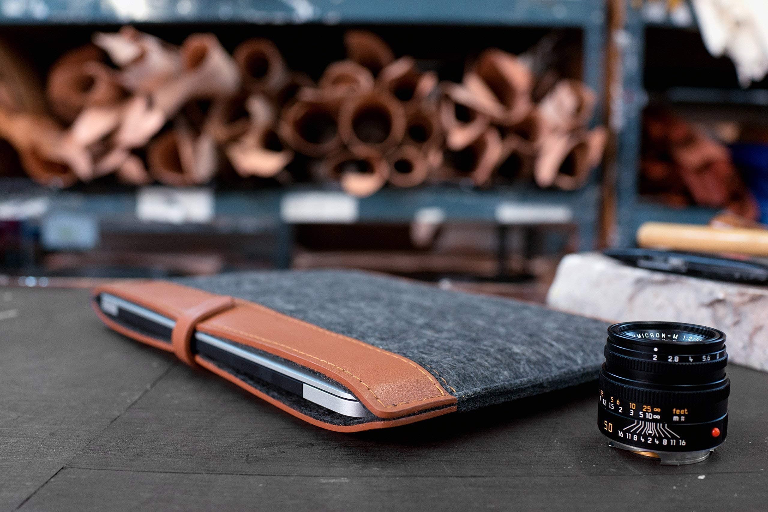 Ultra-Light Sleeve for Apple MacBook and MacBook Pro, Personalized, Tan leather/gray felt. (GQ 100 BEST THINGS IN THE WORLD, 2018)