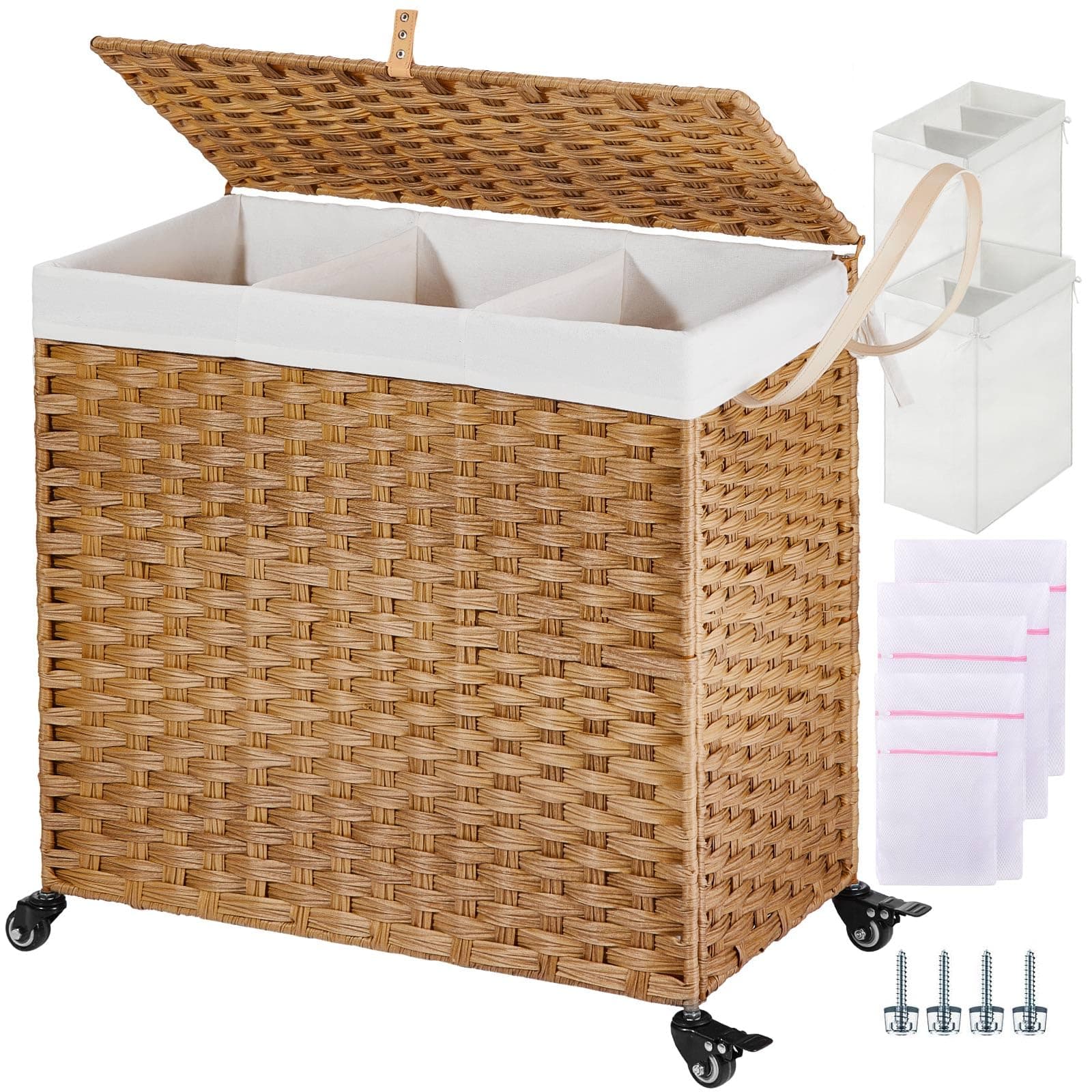 Greenstell Laundry Hamper with Wheels&Lid, 140L Large 3 Sections Clothes Hamper with 2 Types Removable Liner Bags, 5 Mesh Laundry Bags, Handwoven Divided Laundry Basket for Clothes, Natural