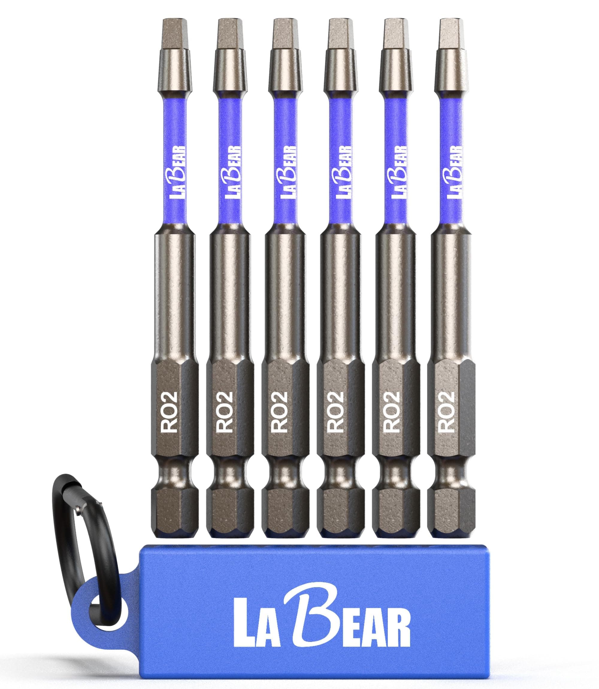 LABEAR-6pc. SQ2 Roberson Square 3" long, Impact Driver Screwdriving Power Bits Set with a Carabiner, S2 Steel