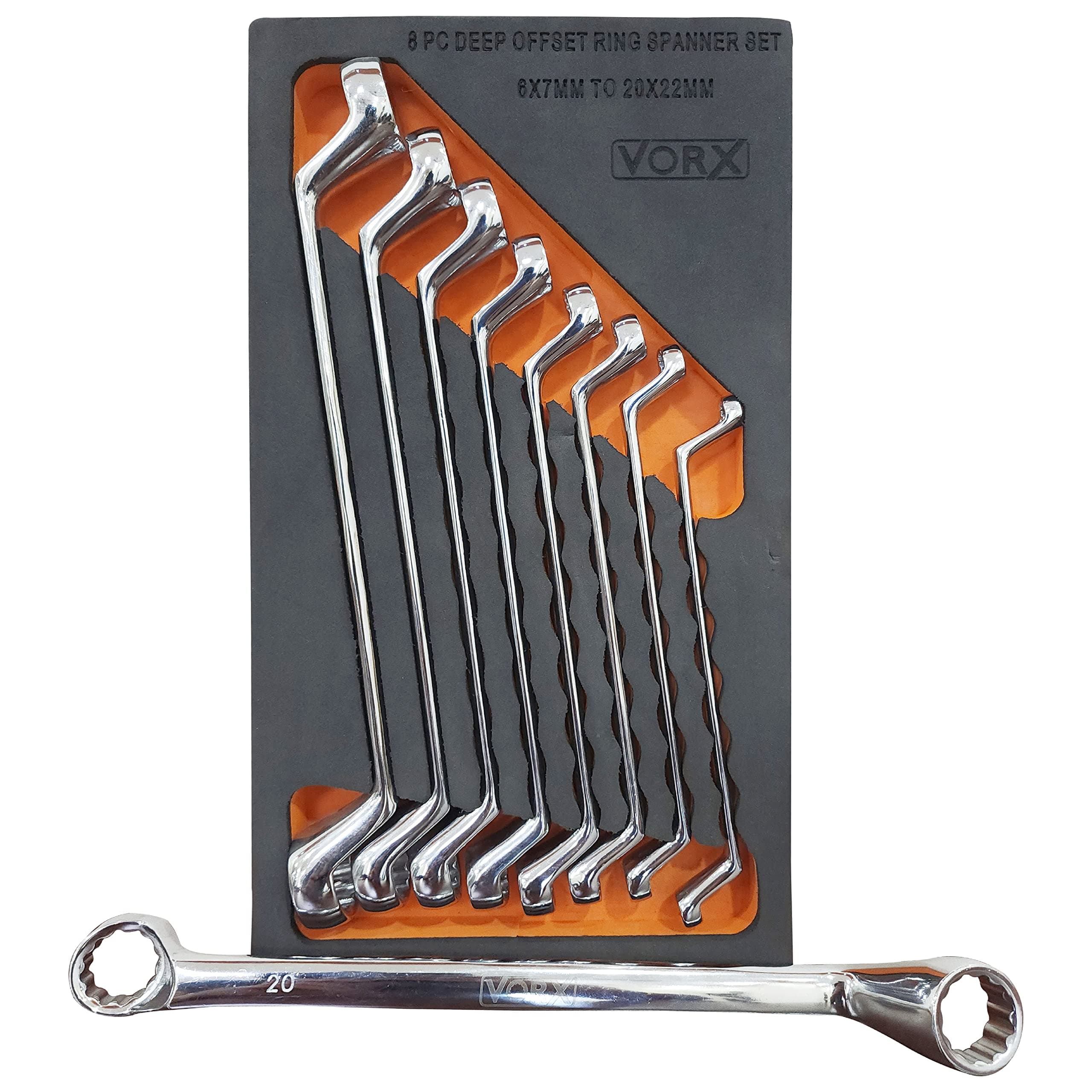 VORX Spanner Set 8pc, Double Sided Ring, CRV Steel Deep Offset Drop Forged 6x7 to 20x22mm Supplied in Heavy Storage EVA Foam Tray 1% of Sale Value Will be Donated to Hospital
