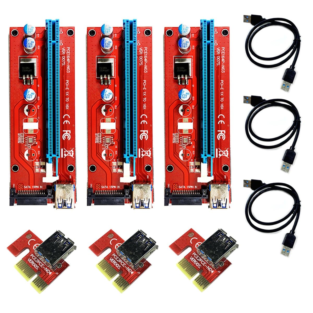 15Pin PCI-E Extender 1X to 16X Powered Riser Card Adapter with SATA 15Pin Power & USB 3.0 Cable - Perfect for GPU Graphic Card Express Ethereum Mining ETH (3PCS)