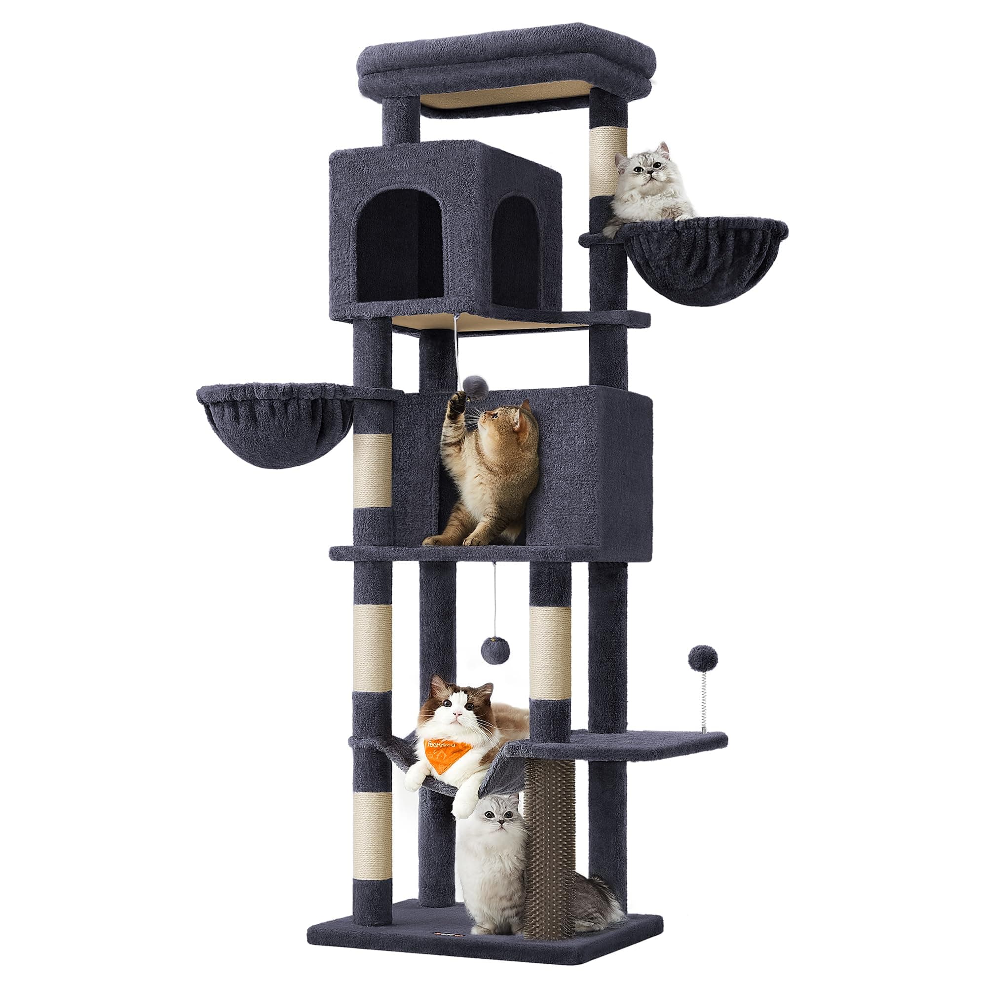 Cat Tree, 69-Inch Tall Cat Tower, Multi-Level Plush Condo with 2 Caves, 2 Baskets, 5 Scratching Posts, Self-Groomer, Perch, Hammock, Dark Gray UPCT182G02