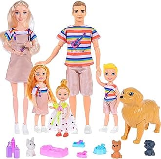 iBayda Family Dollhouse Dolls Playset - 6 People with Dollhouse Pets Included Pregnant Mom Dad 3 Kids and Accessories for 3-12 Years Old Toddlers Gift