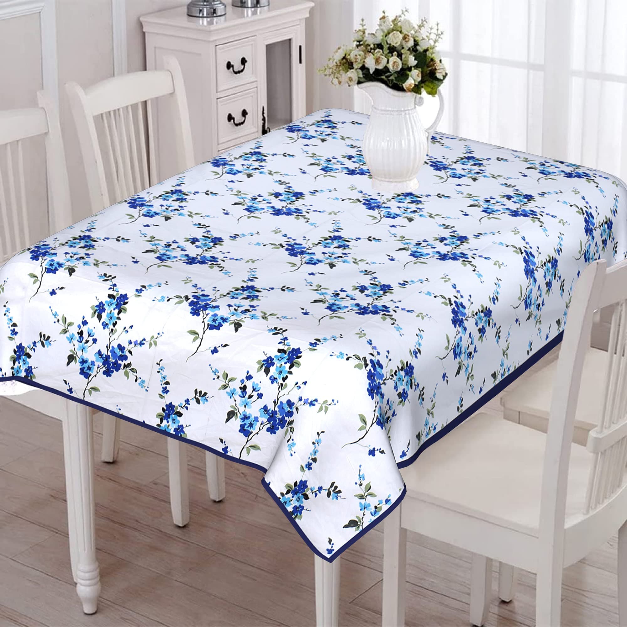 Dining Table Cover 6 Seater, Cotton Table Cloth, Rectangle,60 Inches X 90 Inches, Blue and White with Piping(Rectangular) Pack of 1