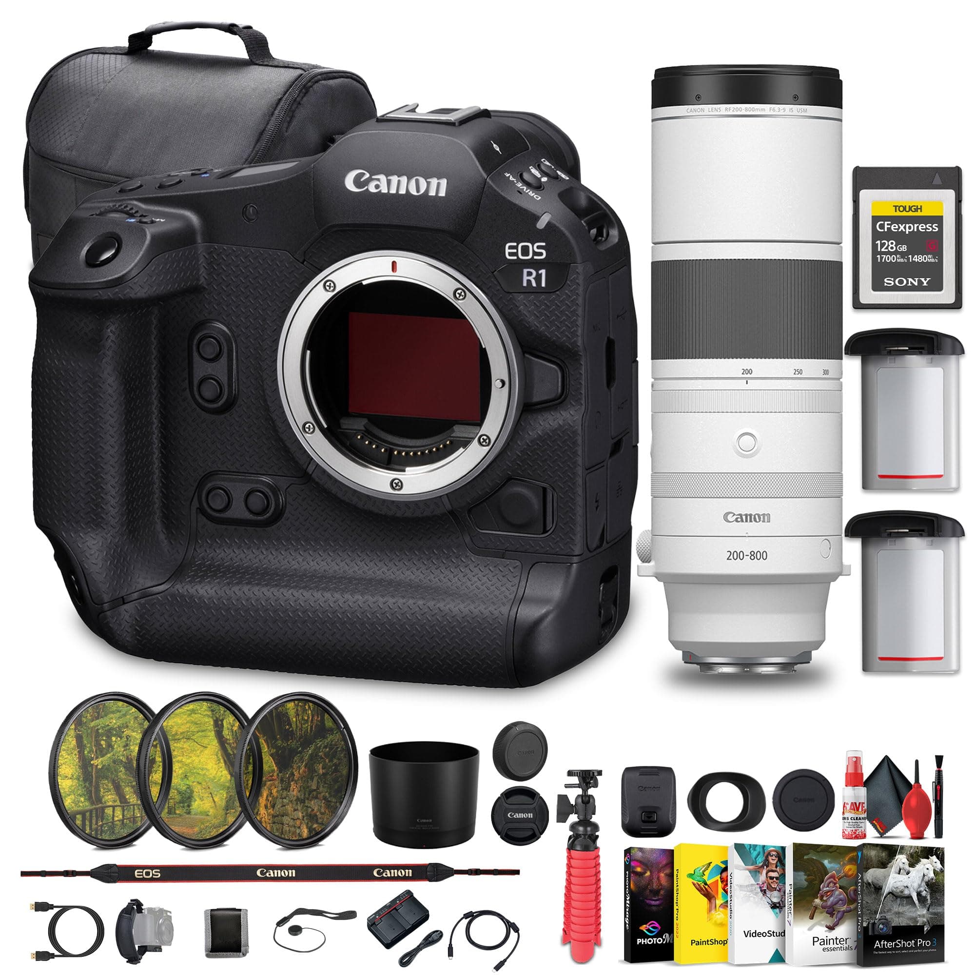 Canon EOS R1 Mirrorless Camera - 24MP, Full-Frame Stacked BSI CMOS Sensor (6577C002) + Canon RF 200-800mm Lens + 128GB CFexpress Card + Bag + Photo Editing Software + LPE-19 Battery