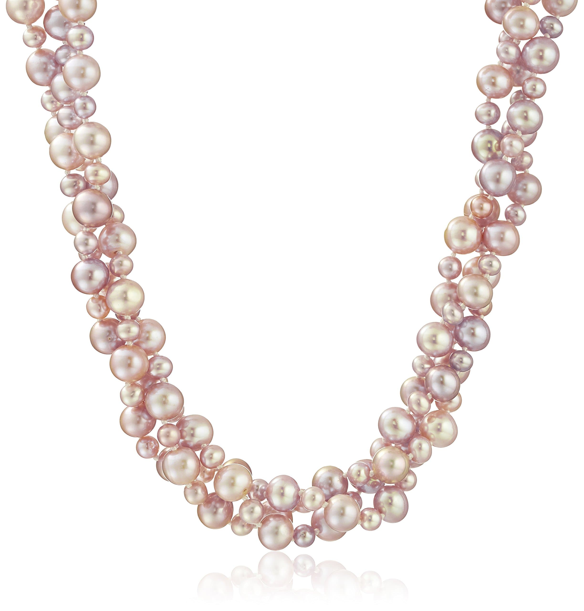 Amazon Collection Sterling Silver 4-8mm Pink High Luster Twisted 3 Rows Cultured Freshwater Pearl Strand Necklace, 18"