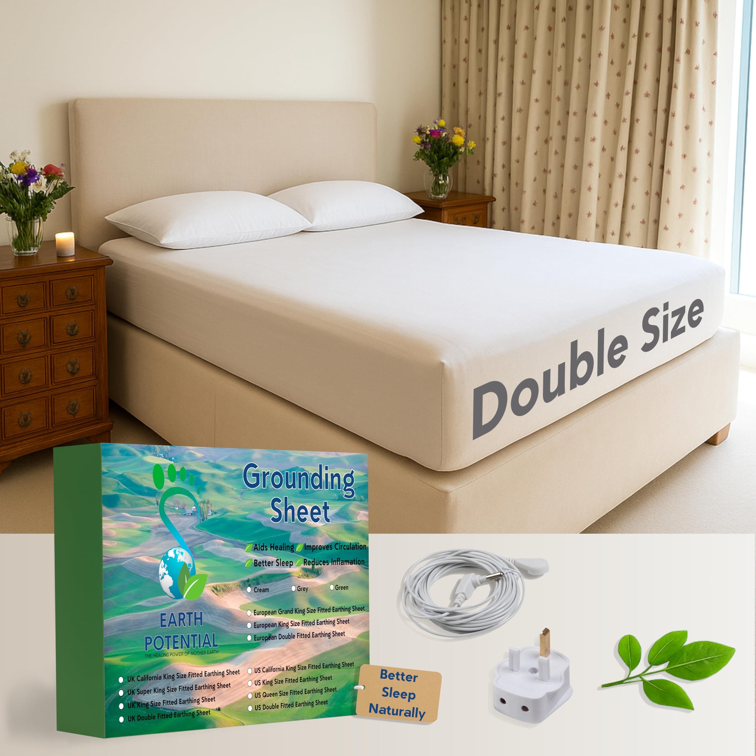 Earthing Grounding Fitted Double Sheet - 95% Cotton and 5% Soft Silver Thread for Healing Sleep - supplied complete with 5m Cable and UK Double Grounding Plug, by Earth Potential