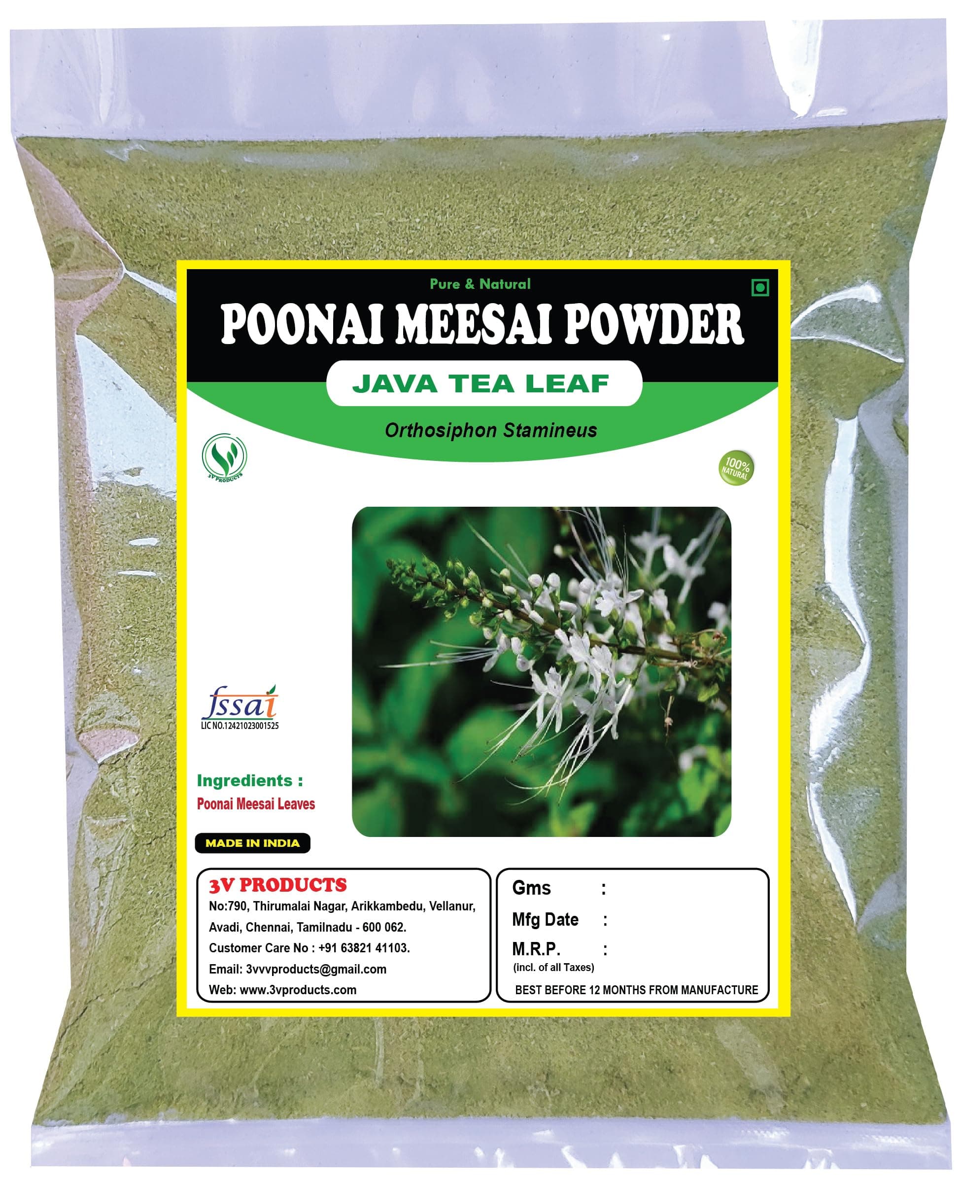 3V PRODUCTS Poonai Meesai Powder 100g | Java Tea Leaf | Orthosiphon Stamineus | | Cat Whiskers | Seeraga Thulasi