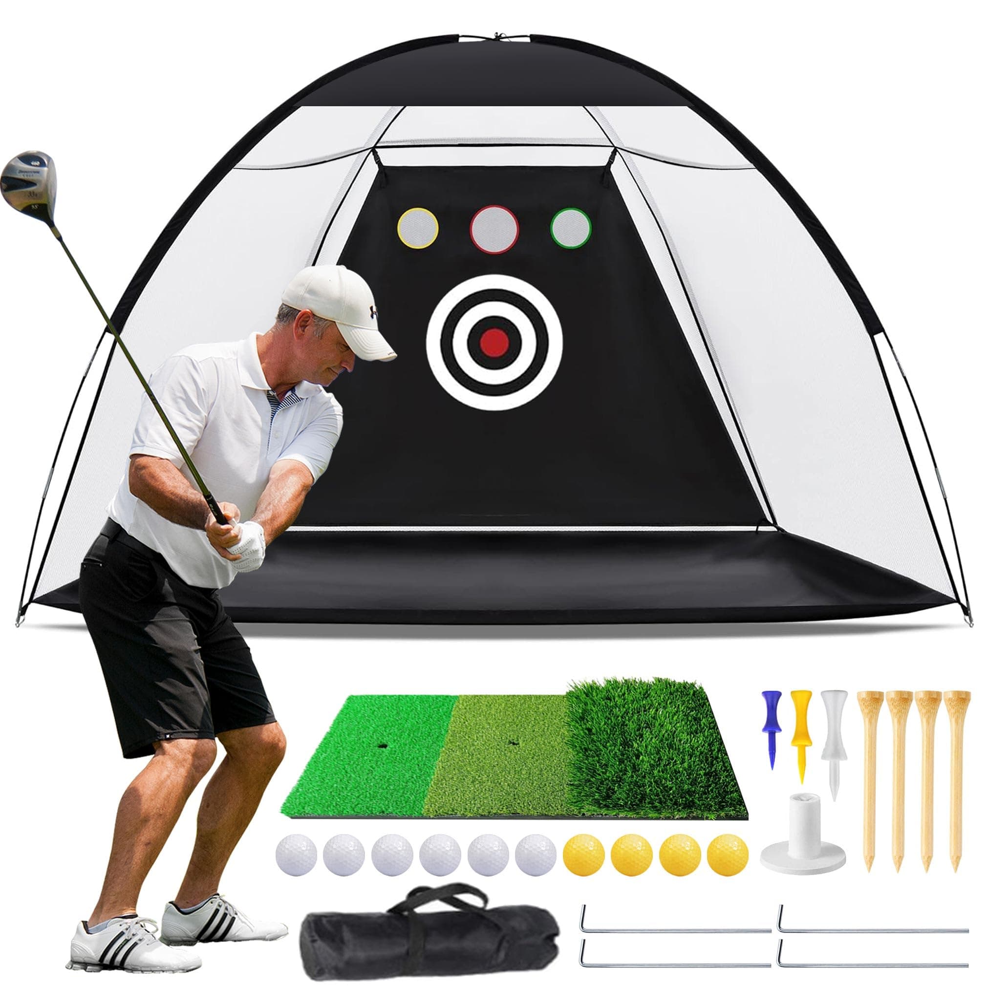 10x7ft Golf Practice Net for Backyard Driving with Triple Turf Mat, Outdoor Indoor Golf Hitting Net with 10 Practice Balls, Multiple Targets Golf Training Aid Net Accessories