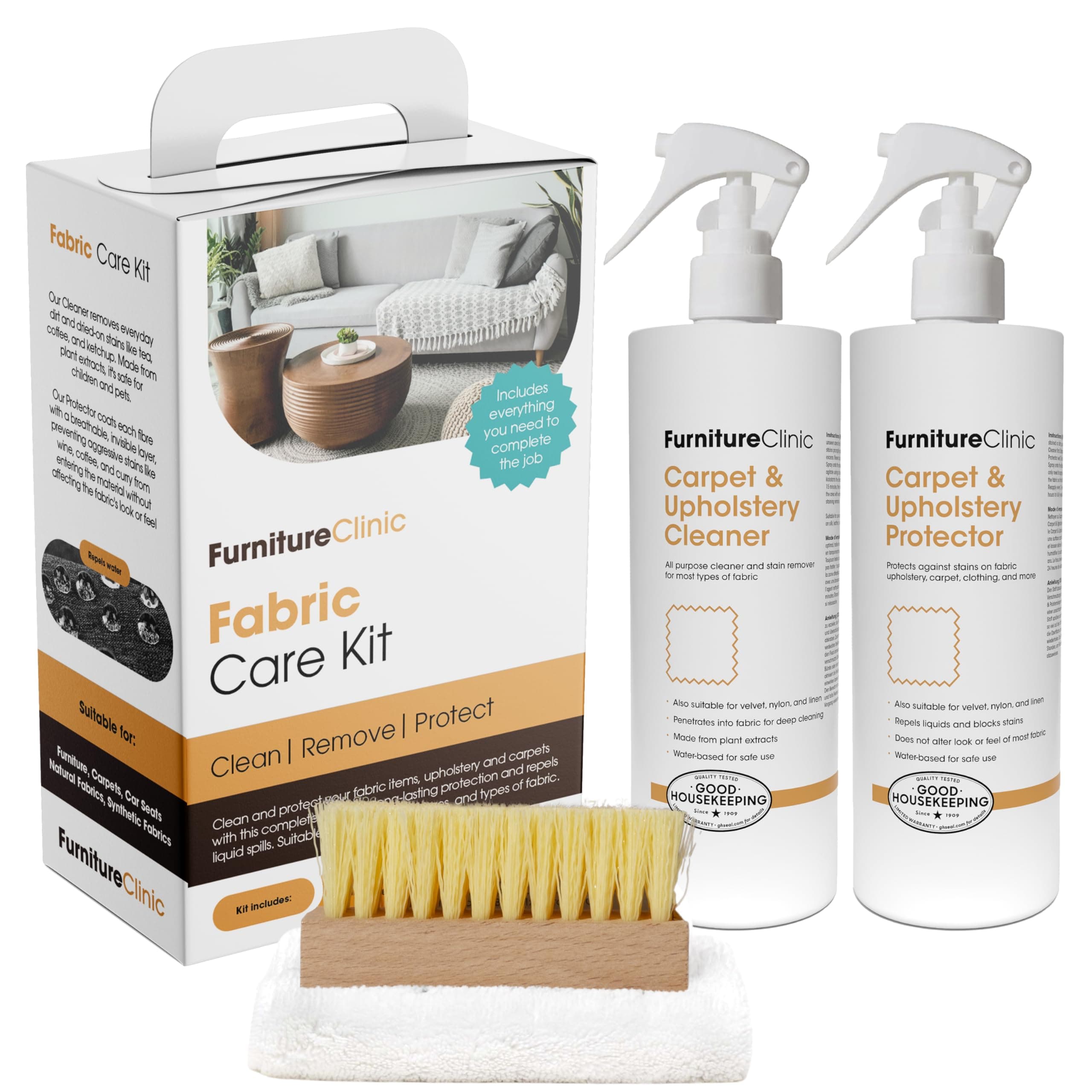 Fabric Care Kit | Includes: 500ml Cleaner, 500ml Protector, Microfibre Cloth & Cleaning Brush for Use on Clothing, Carpet, Upholstery | Works on All Fabric Types