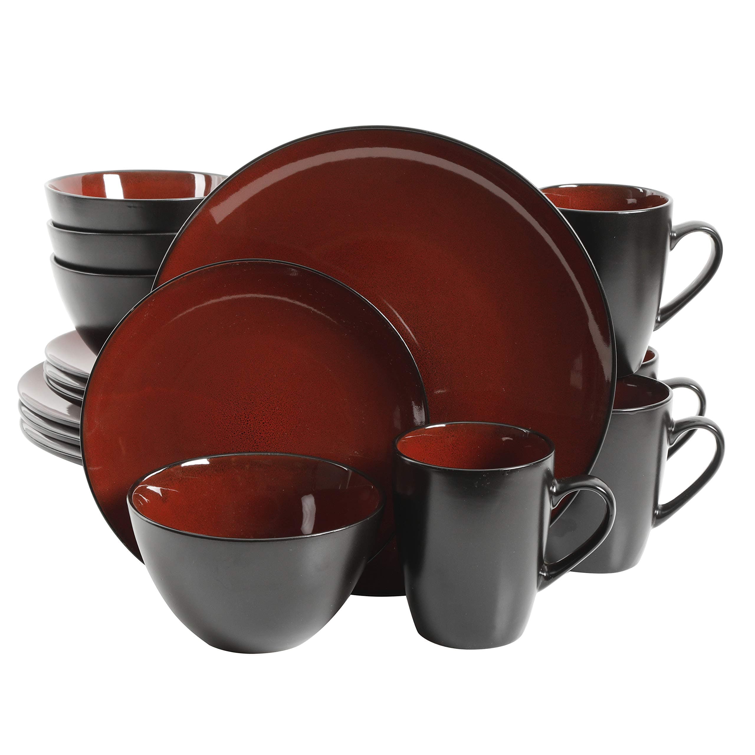 Soho Lounge Round Reactive Glaze Stoneware Dinnerware Set, Service for Four (16pcs), Red