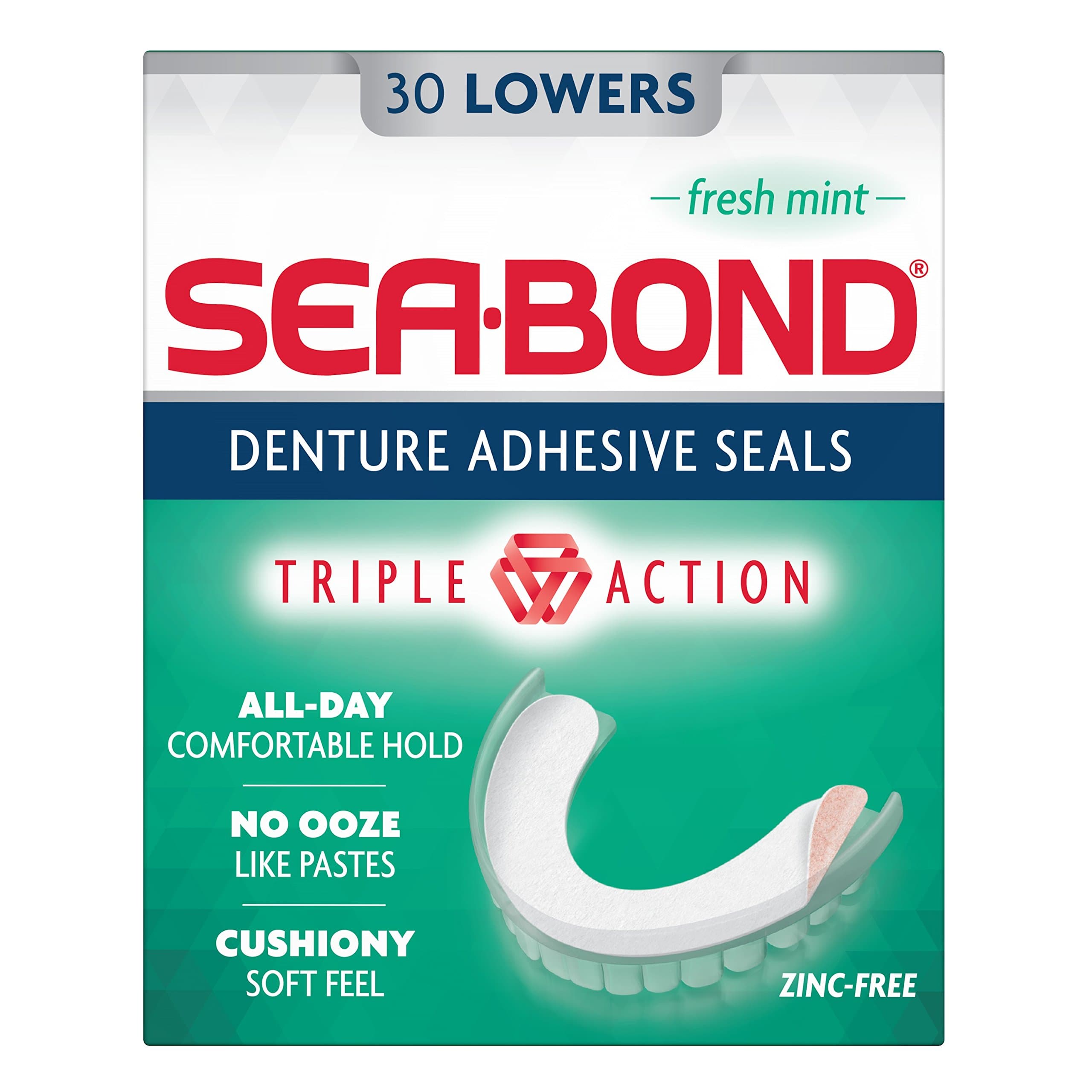 Secure Denture Adhesive Seals, Fresh Mint Lowers, 30 Count