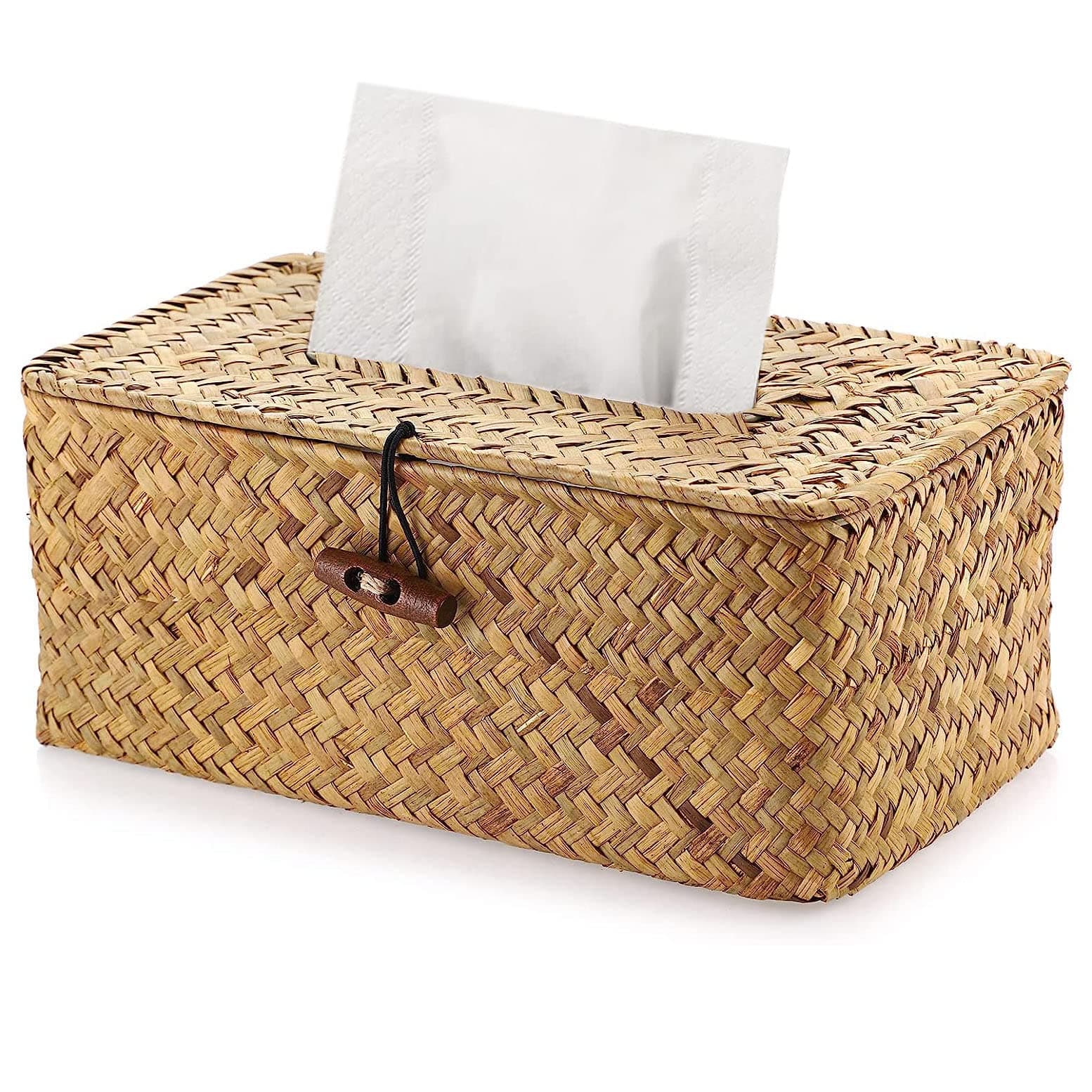 Angju Rectangular Rustic Seagrass Wicker Tissue Box Cover, Natural/Earthy Tone Facial Tissue Holder for Bathroom Vanity Toilet Dresser Table Countertop Office Car