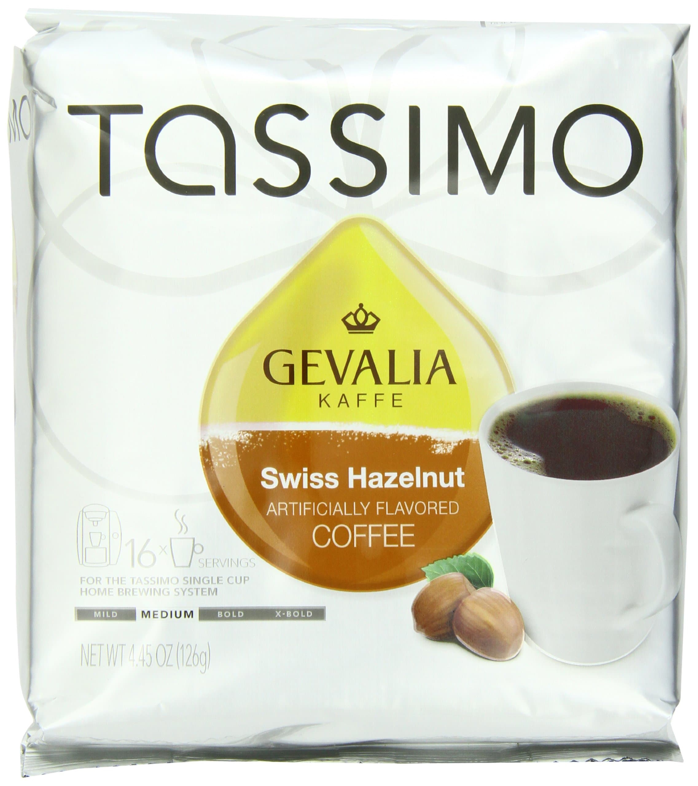 Tassimo GEVALIA Swiss Hazelnut Coffee, Medium, 16 Count T-Discs, (Pack of 2)