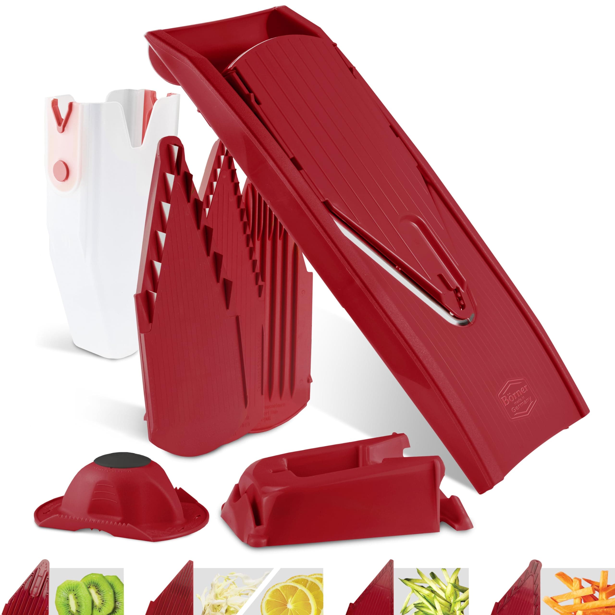 Mandoline Slicer V1 (Professional Set) • V-Slicer with 4 Inserts, Fruit Holder, Docking Station, Box • Adjustable Vegetable Slicer • Cuts into Slices, Strips & Dices • Color: Red