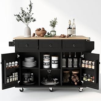 LUMISOL Kitchen Island with Drop Leaf, Rolling Kitchen Cart on Wheels with 3 Drawers and 2 Cabinets, Wood Portable Trolley Island with Door Storage Racks, for Dinning Room, Black