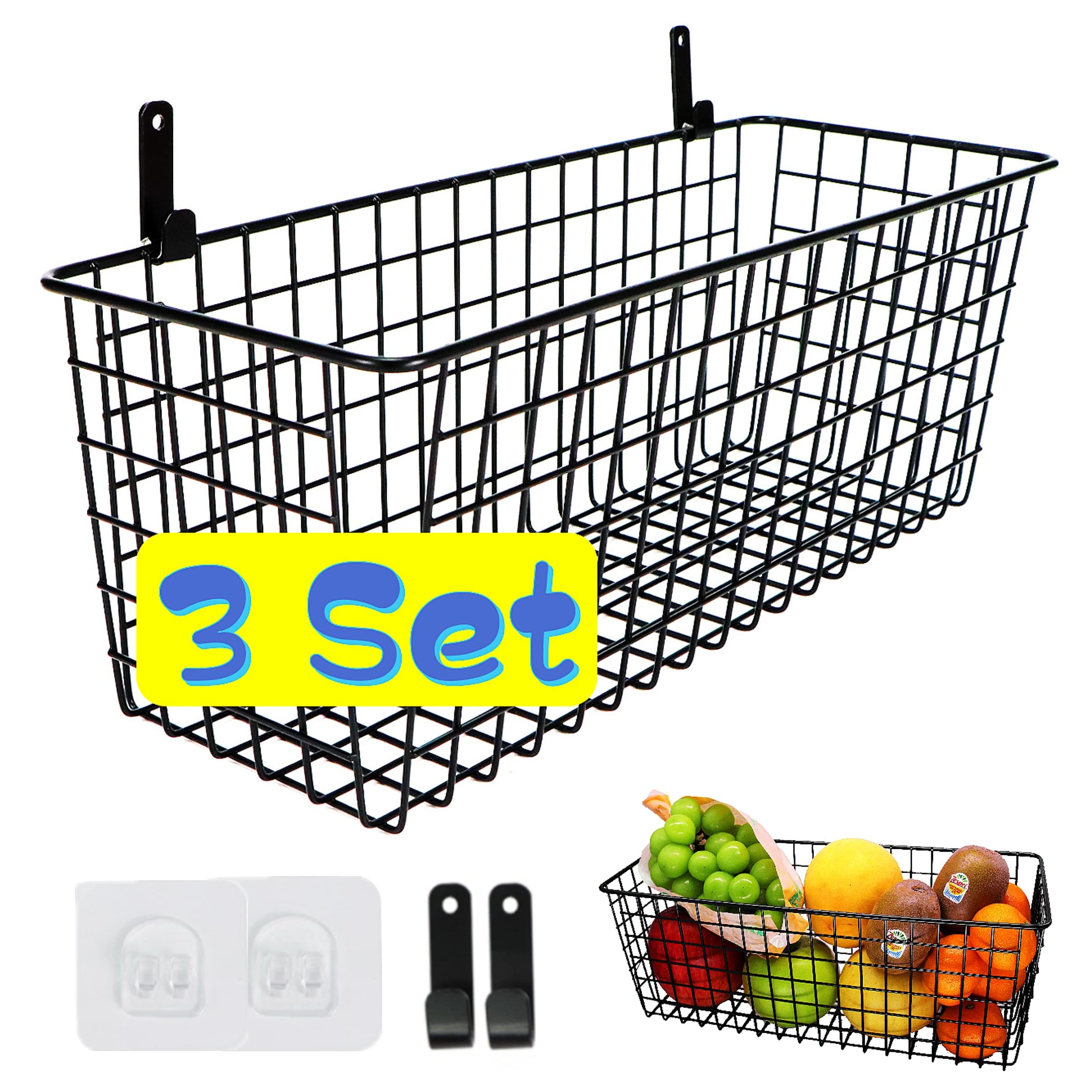 3 Set [Extra Large] Hanging Wall Baskets ,Wire Basket For Storage Pantry, Farmhouse Food Storage Kitchen Pantry Laundry Closet Garage RV ,Black