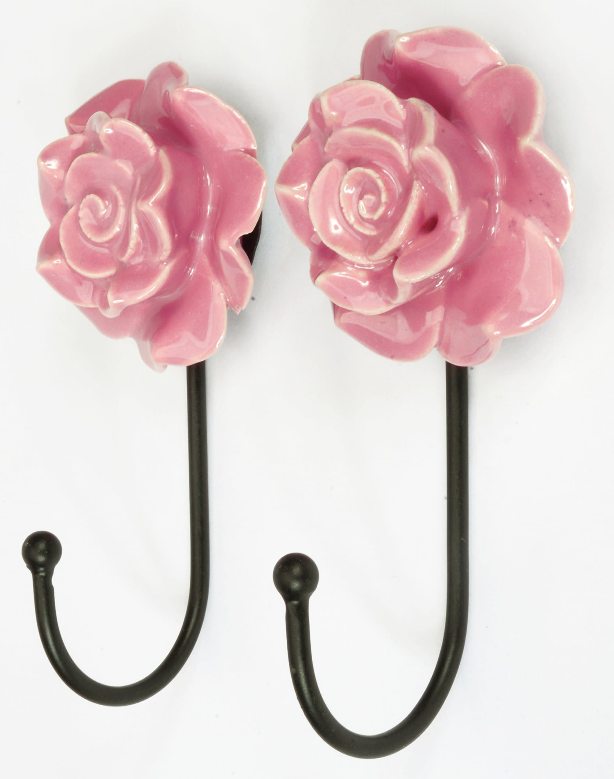 Pair 2 Pcs Metal Ceramic Wall Door Coat Hanger Hook Rose Flower Theme Heavy Duty (Pink)
