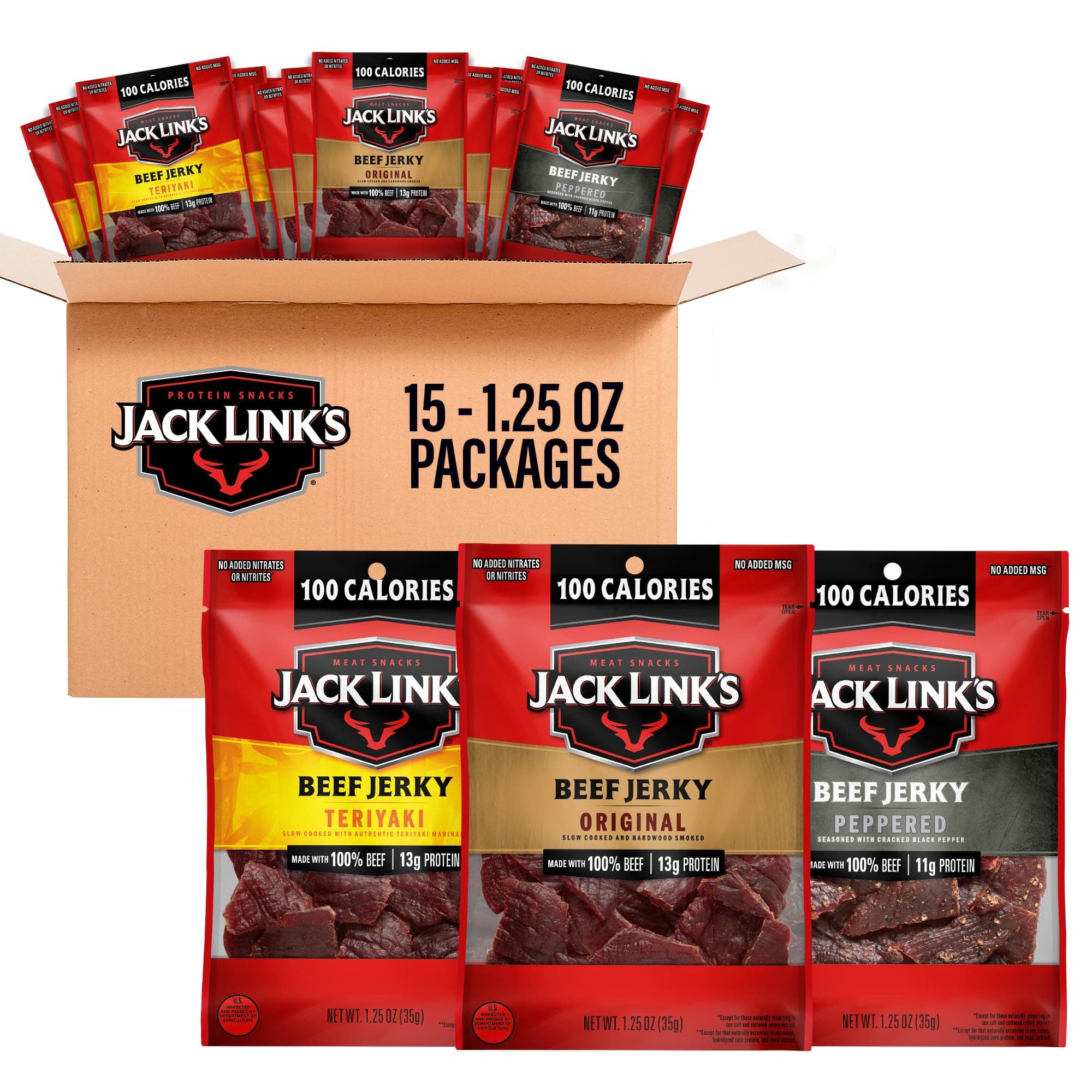 Beef Jerky Variety Pack – Includes Original, Teriyaki and Peppered Jerky, Bulk Protein Snack Pack, Good Source of Protein, Meat Snacks Made with 100% Beef – 1.25 Oz (Pack of 15)