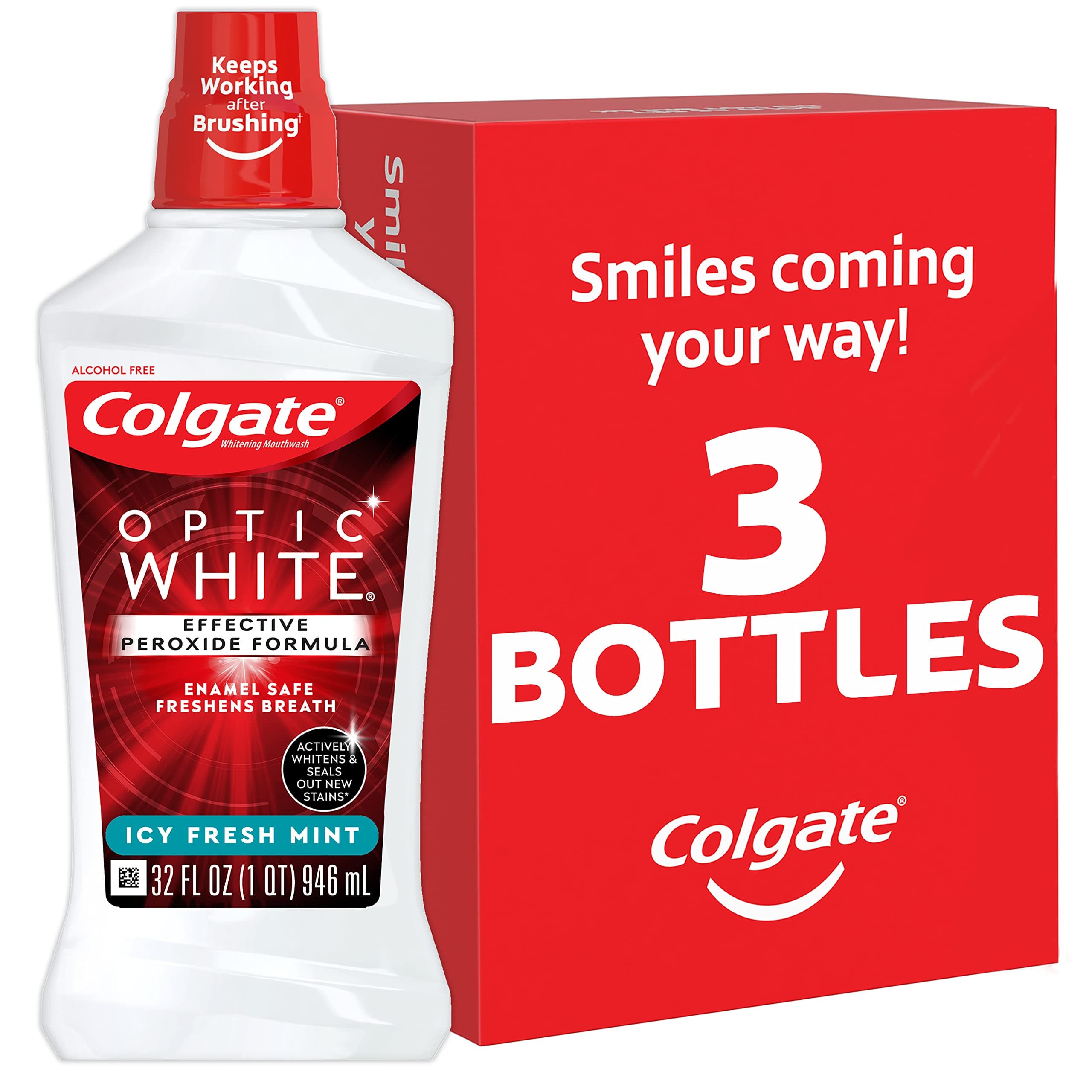 Optic White Advanced Teeth Whitening Mouthwash, 3 Pack, 2% Hydrogen Peroxide, Alcohol-Free and Enamel Safe, ICY Fresh Mint, 32 Oz
