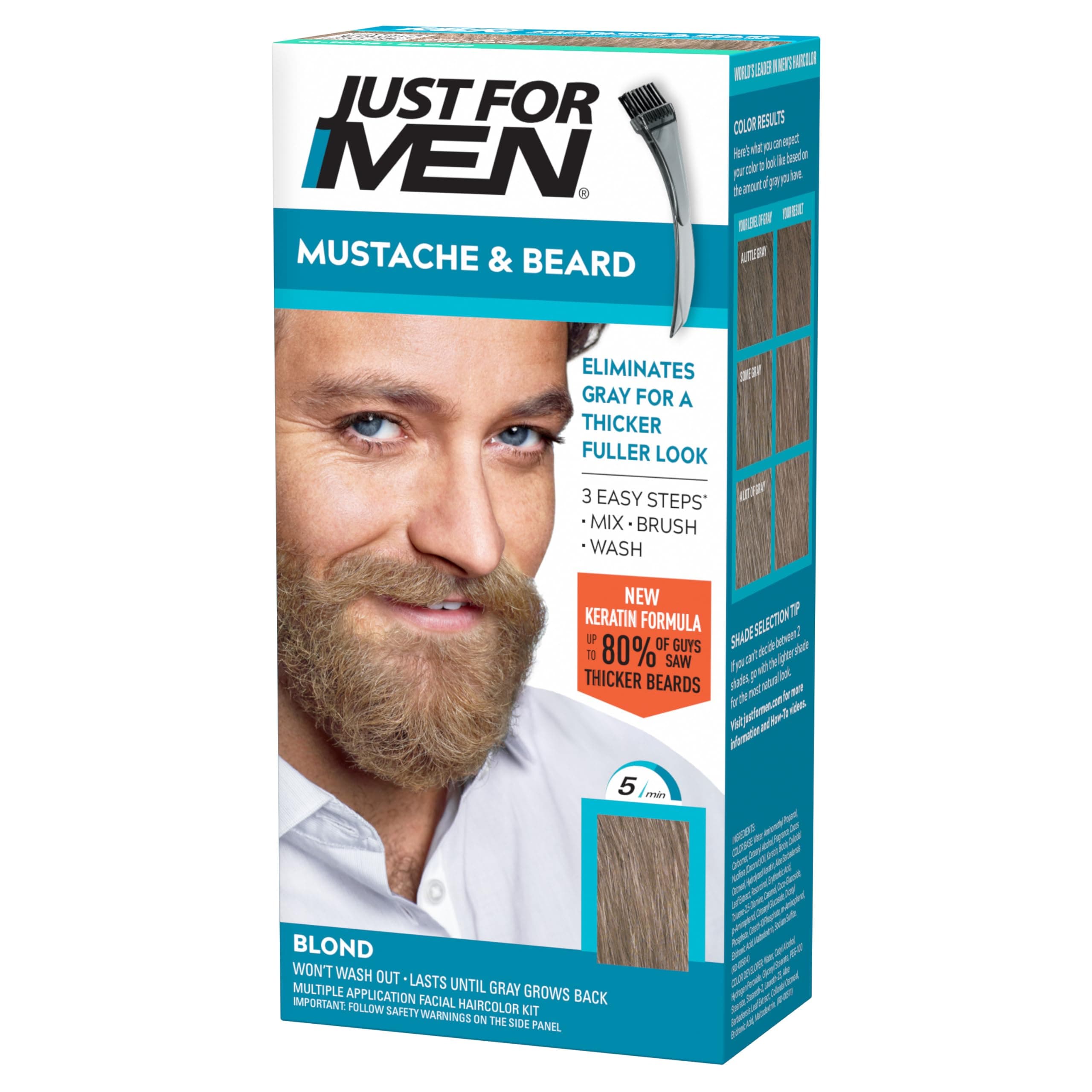 Just For Men Mustache & Beard, Beard Dye for Men with Brush Included, With Keratin Biotin Aloe and Coconut Oil for Healthy Facial Hair - Blond, M-10/15, Pack of 1 (Packaging May Vary)