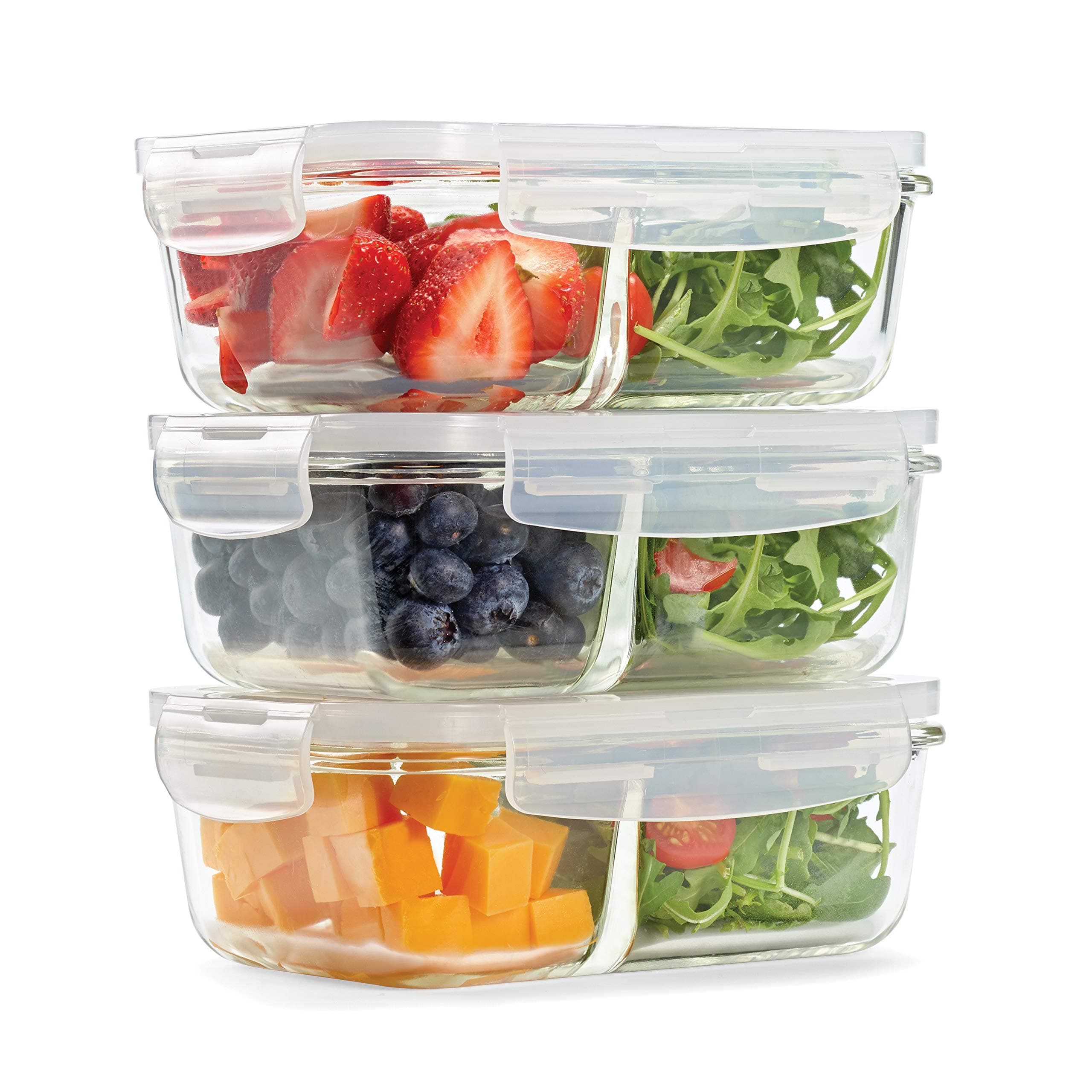 Fit & Fresh Divided Glass Containers, Two Compartments, Containers with Locking Lids, Glass Storage, Meal Prep Containers with Airtight Seal 3 Pack 870GFF