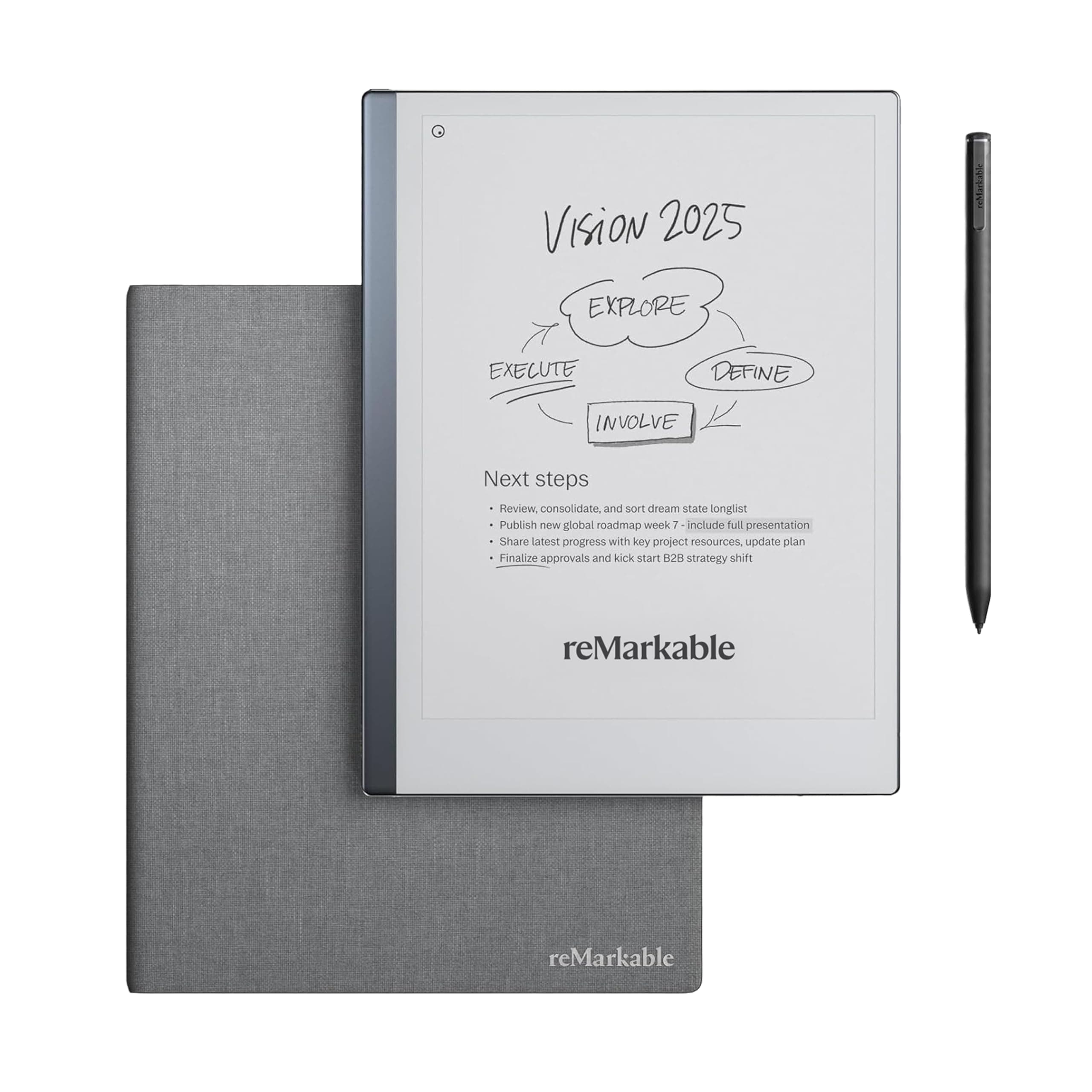 Essentials Bundle – Mosaic Weave Folio | reMarkable 2 Paper Tablet | Black and White 10.3” Writing Tablet, Marker Plus Pen with Built-in Eraser and Book Folio Cover in Grey Weave