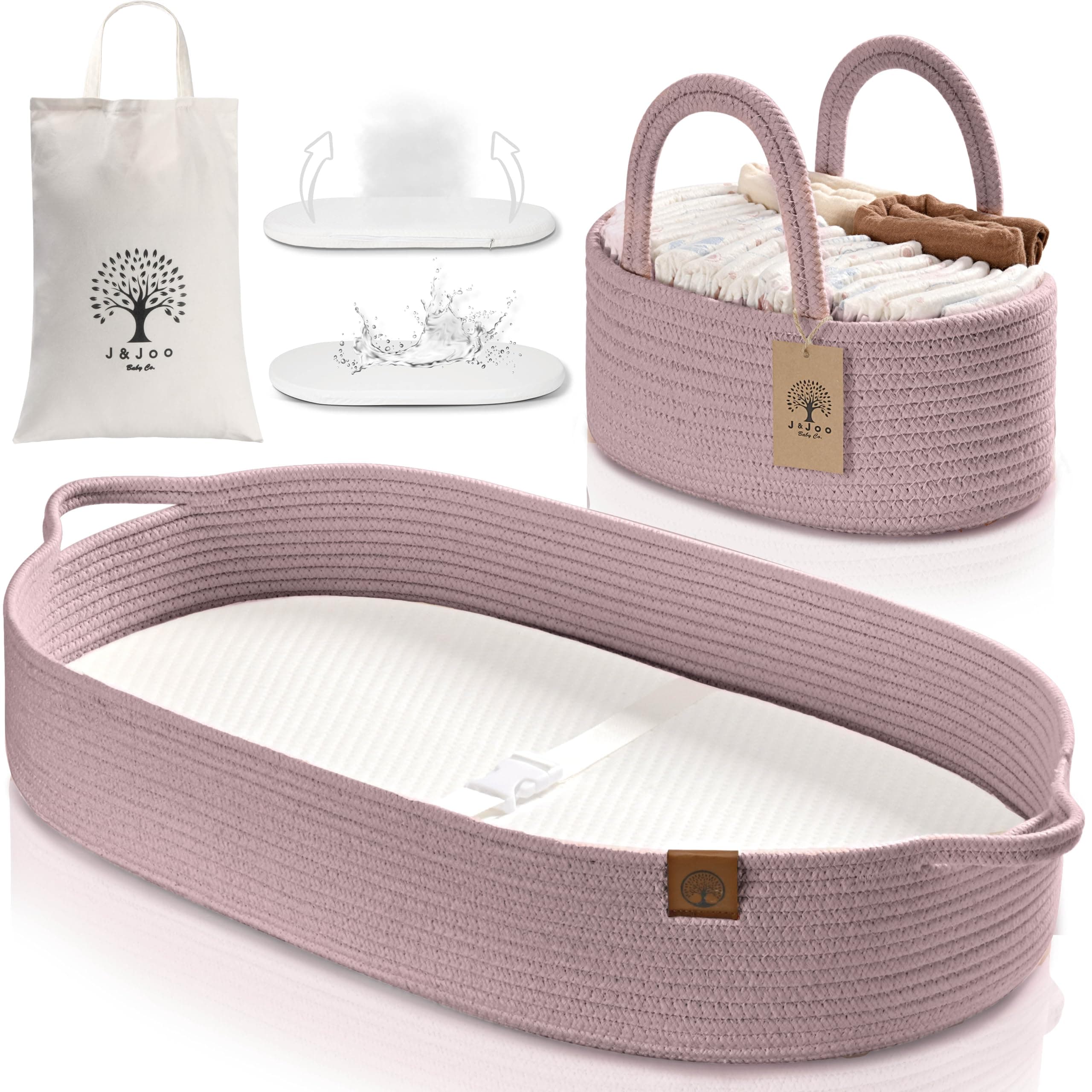 J&Joo Portable Changing Basket Includes Nappy Caddy - Breathable & Waterproof Covers, Baby Mat, Changing Table Topper, Nursery Decor Gift Baskets for Baby Shower