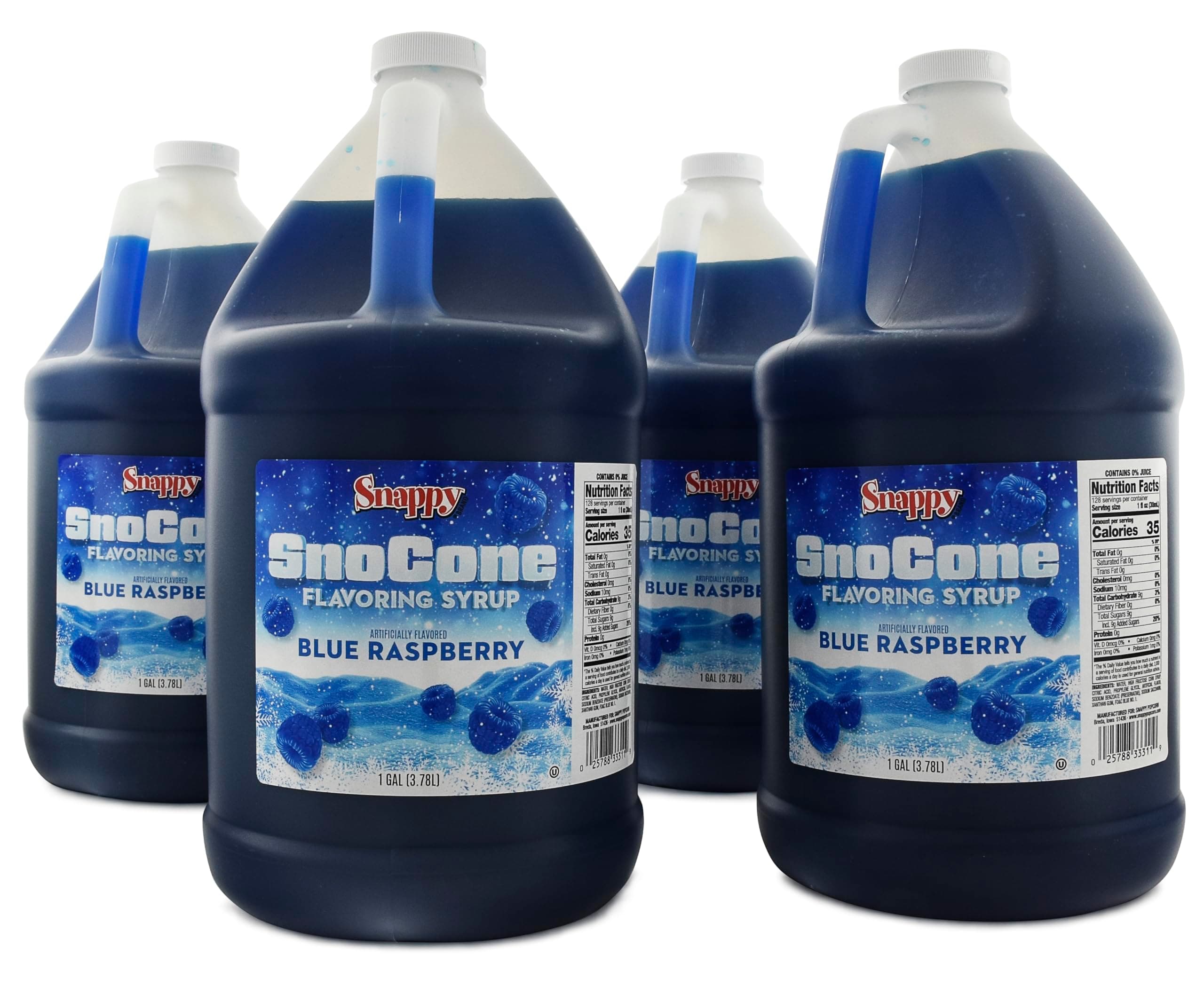 Snappy Blue Raspberry Sno Cone Syrup, 1 Gallon 4 Pack, Ready to Use for Snow Cone Machines and Shaved Ice