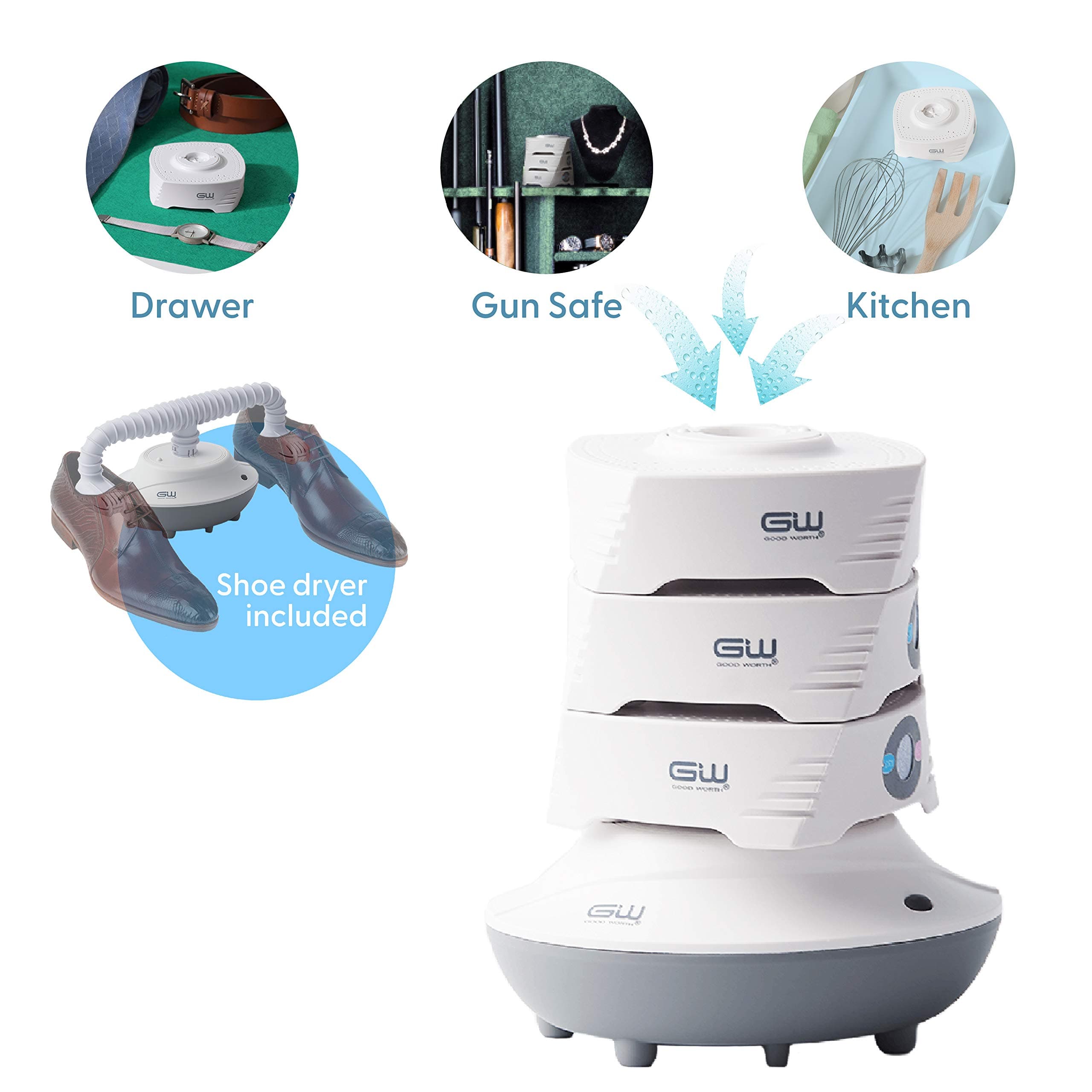 Good Worth Mini Electric Cordless Dehumidifier - 1 Drying Base + 3 Portable Dehumidifiers + 1 Shoe Dryer - Detachable, Portable and Compact - for Basement, Bedroom, Bathroom, RV, Closet