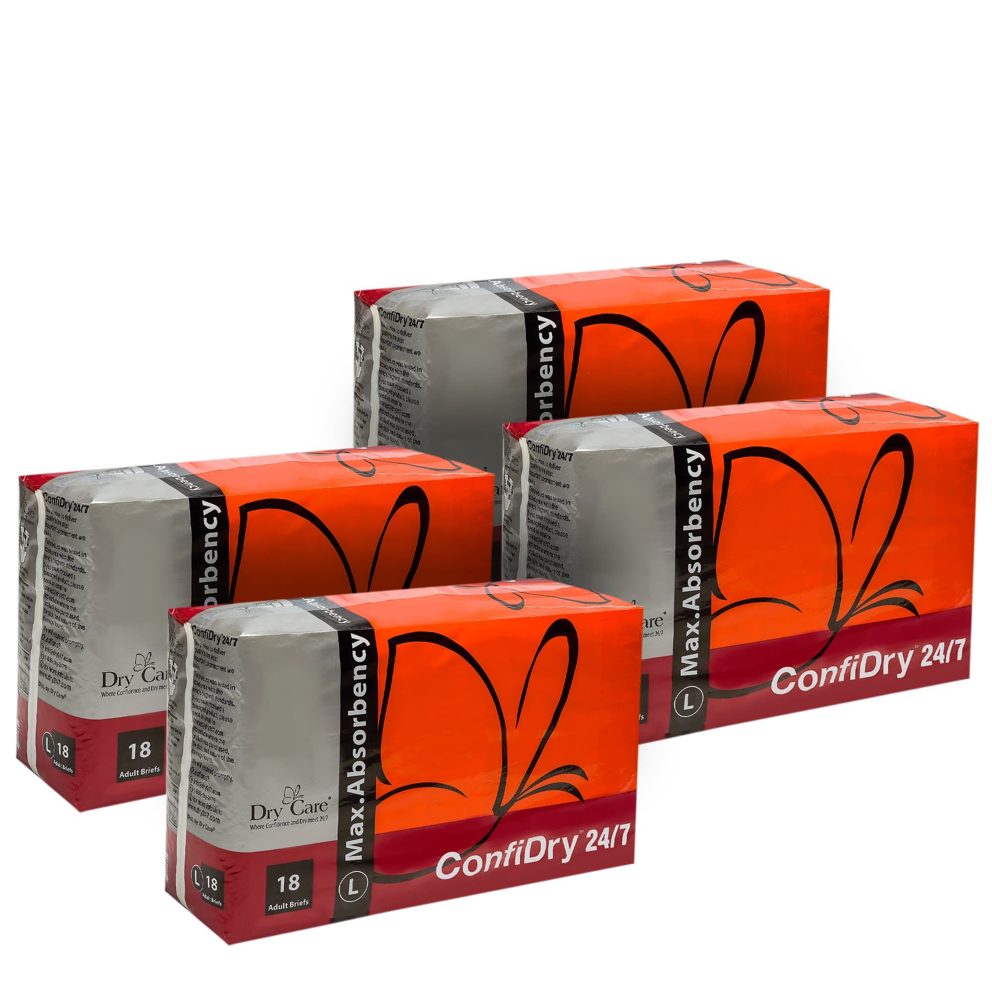 Dry Care’s ConfiDry Maximum Absorbency Briefs, Elastic Waist, Refastenable Tabs, Night and Day, 24/7 Wear (Large, 72 Pads)