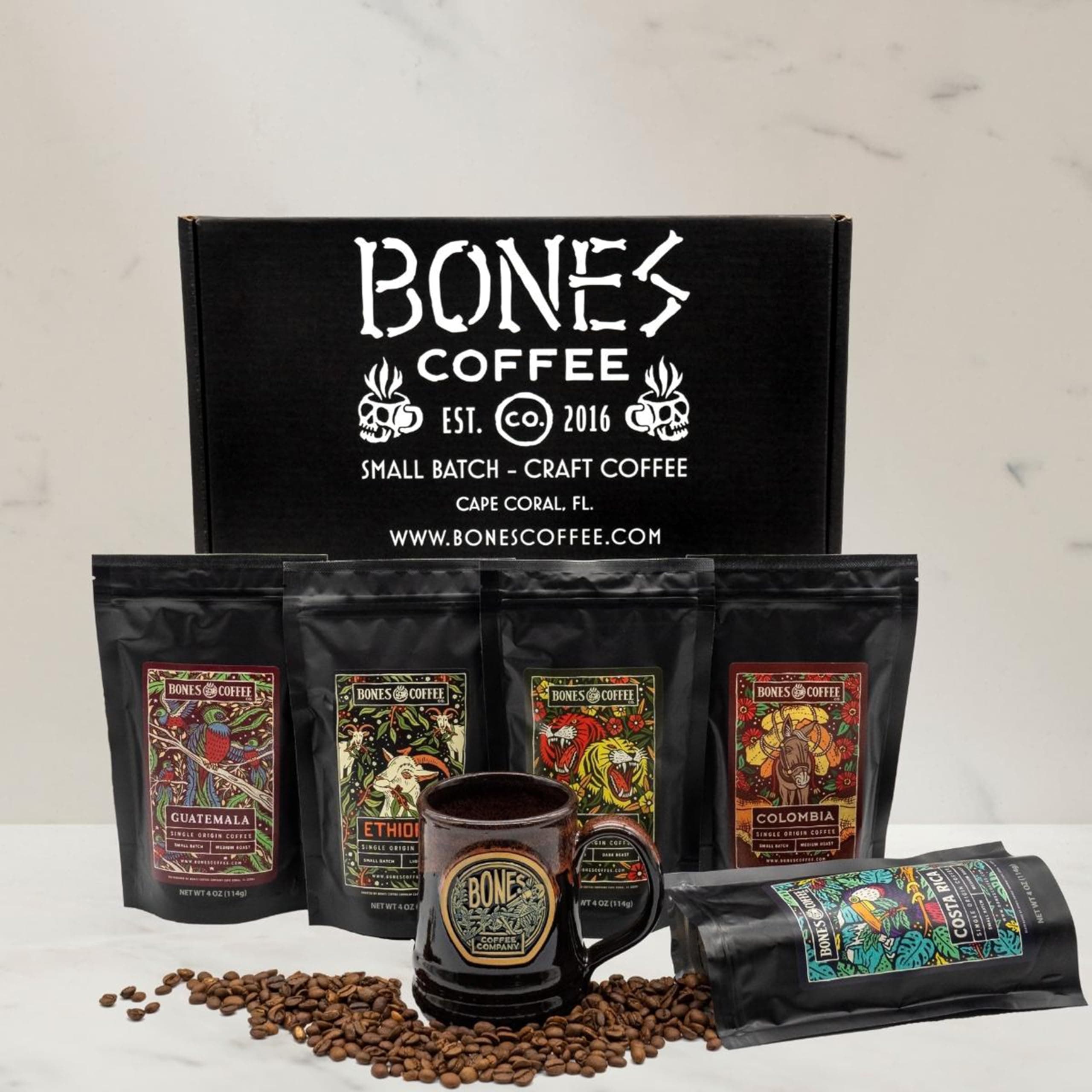 Bones Coffee Company NEW World Tour Sample Pack Box Set with Specialty Coffee Mug, 5 Assorted Single-Origin Low Acid Medium Roast Arabica Beans Flavored Coffee Gifts, 4 oz Pack of 5 Whole Bean