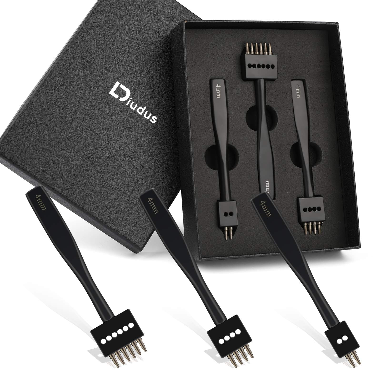 Black Leather Punch Tool 4mm, 2/4/6 Lacing Stitching Punch, Round Hole Prong Stitching Chisel Set Leather Working Tools for Leathercraft