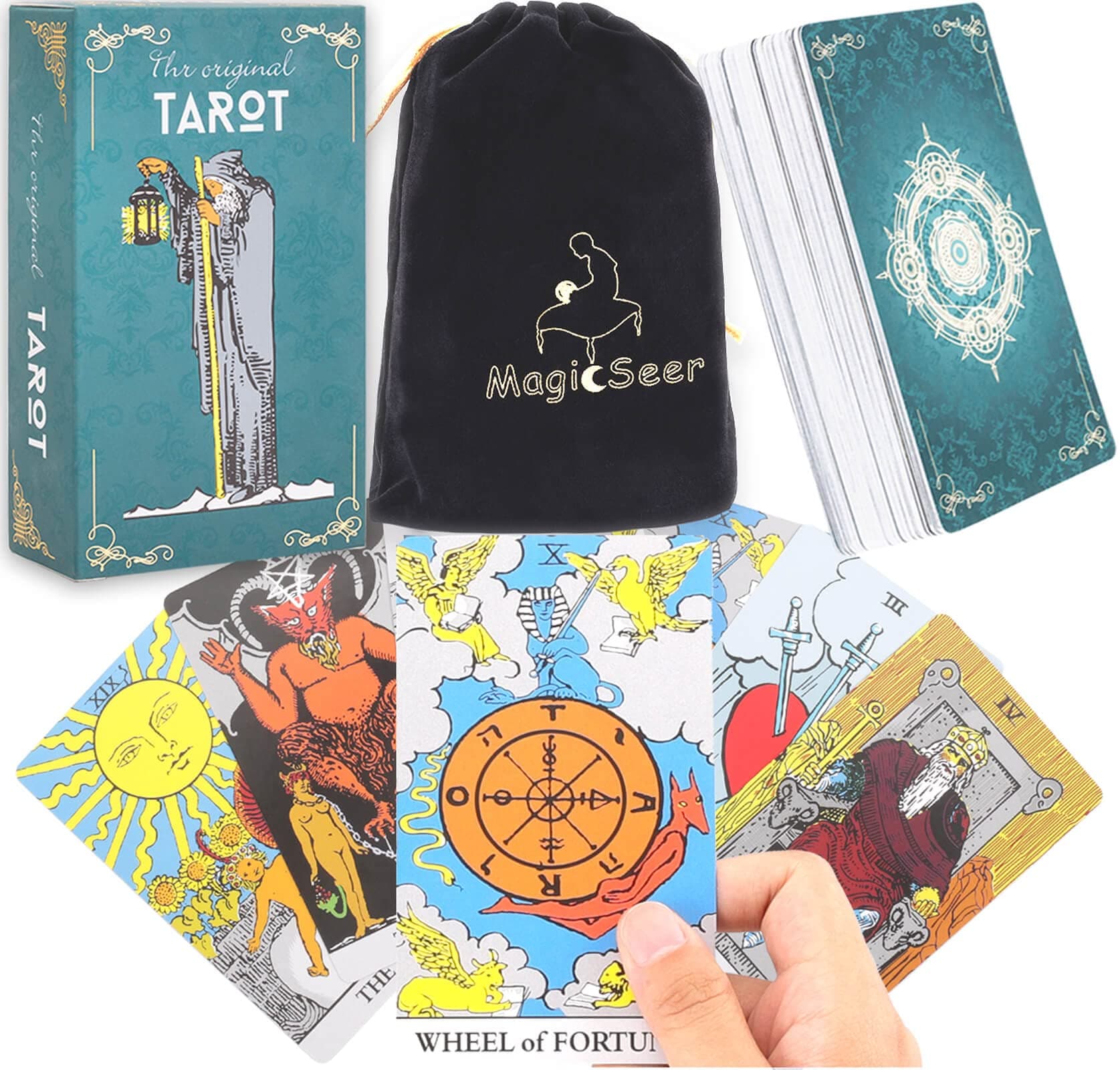 MagicSeer Tarot Cards, 78 Pcs Durable Large Borderless Deck for Beginners and Experts, Premium Ink and Precise Printing, Velvet Bag Included, Fortune Telling Game