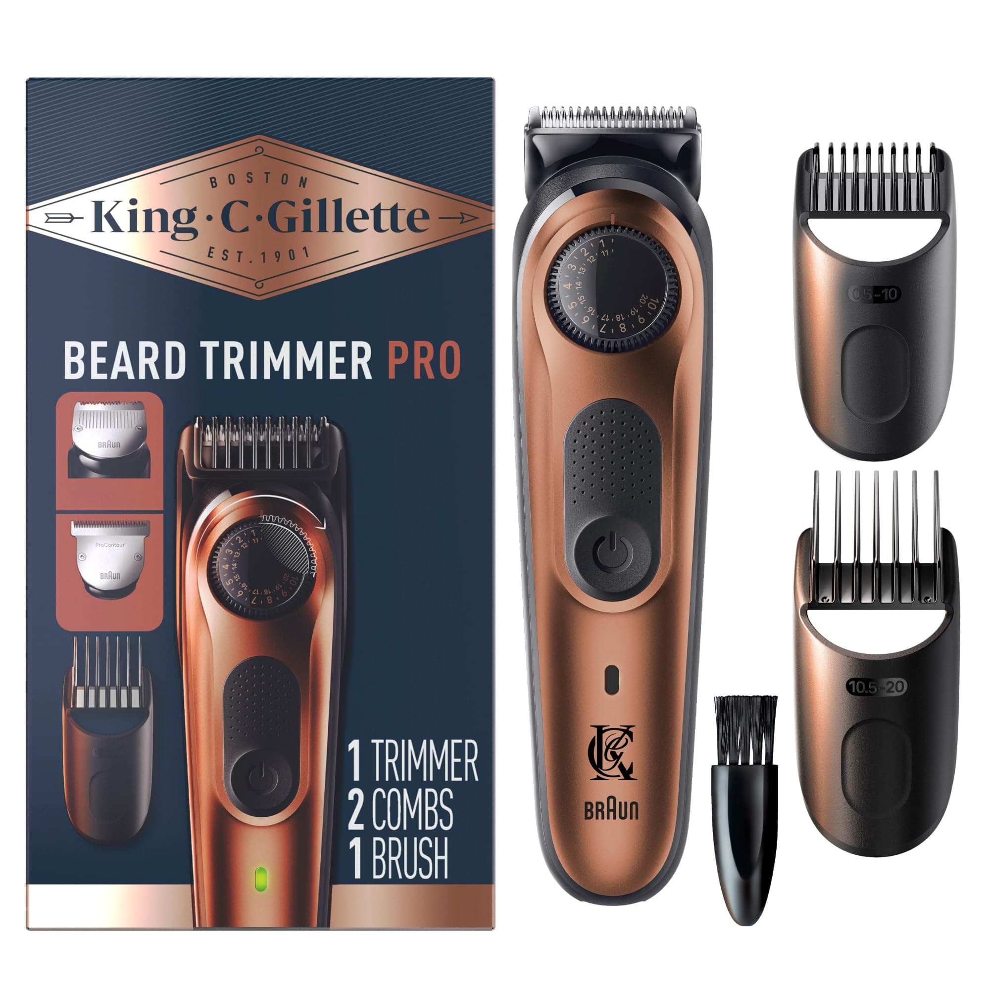 King C. Gillette Beard Trimmer PRO with 40 beard length settings in precise 0.5mm steps, cordless design & 1 trimmer, 1 brush, 2 combs, 1 charger and 1 T-blade