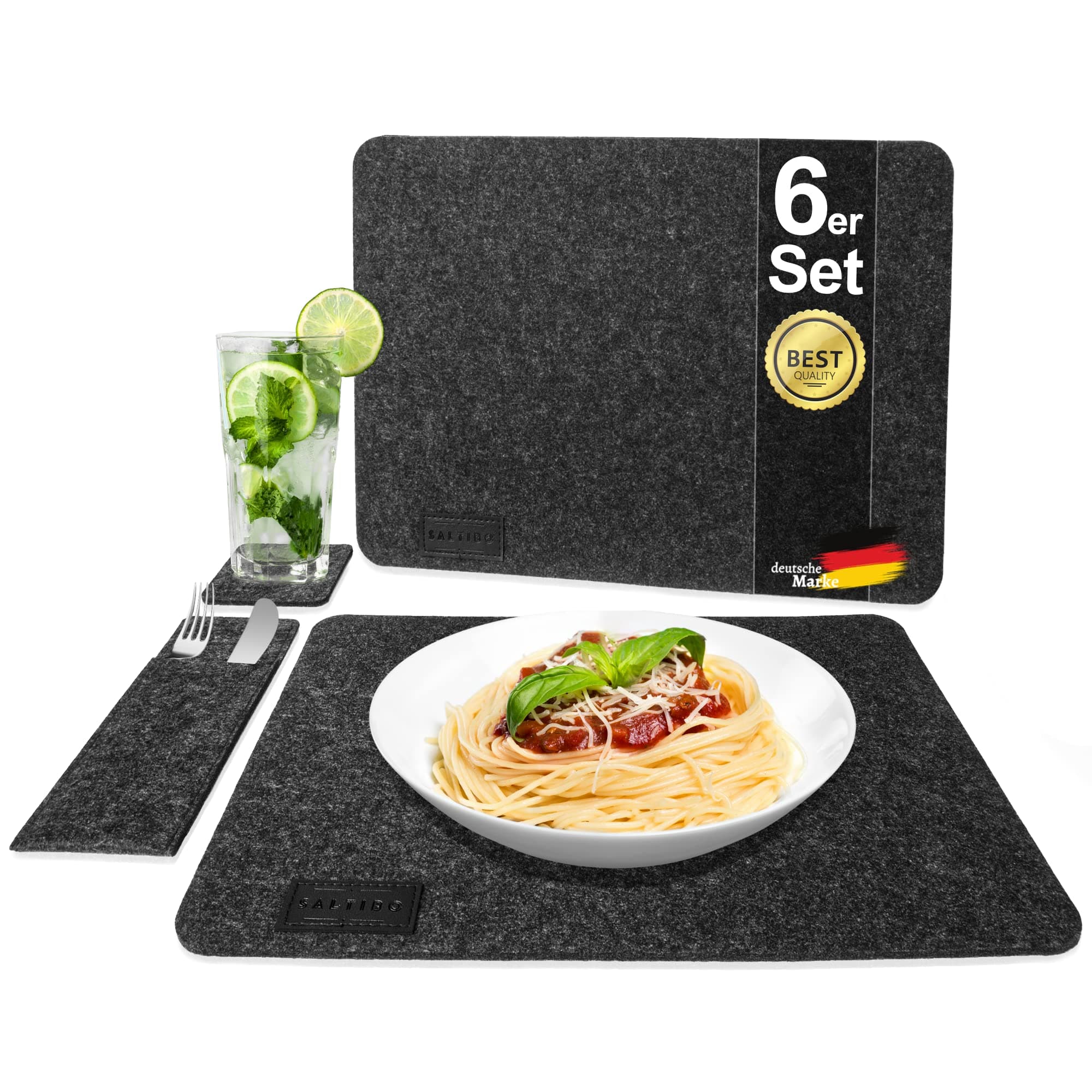 Saltibo 18 piece place setting | table setting | placemat | placemats | cutlery sleeves | felt coaster | anthracite | non-slip | washable | informal & formal – DARK GREY