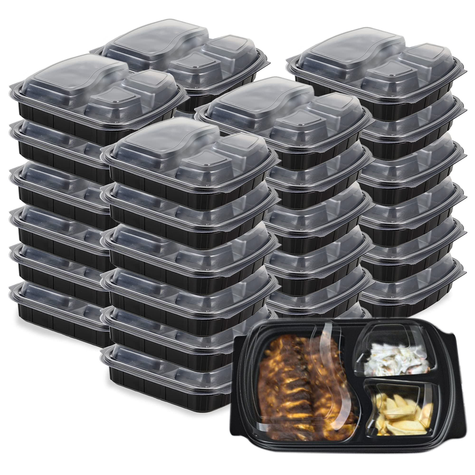 Sabco - 3 Compartment Reusable Meal Prep Containers Black Base with Lids BPA Free - Ideal for Batch Cooking Food Diet & Bodybuilding, Lunch Box, Takeaways & Airlines. (10)