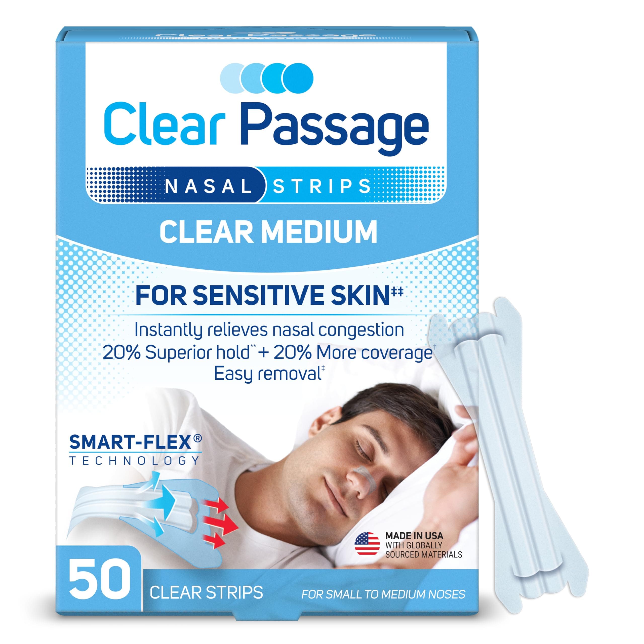 Clear Passage Nasal Strips Medium, Clear, 50 ct | Works Instantly to Improve Sleep, Reduce Snoring, & Relieve Nasal Congestion Due to Colds & Allergies