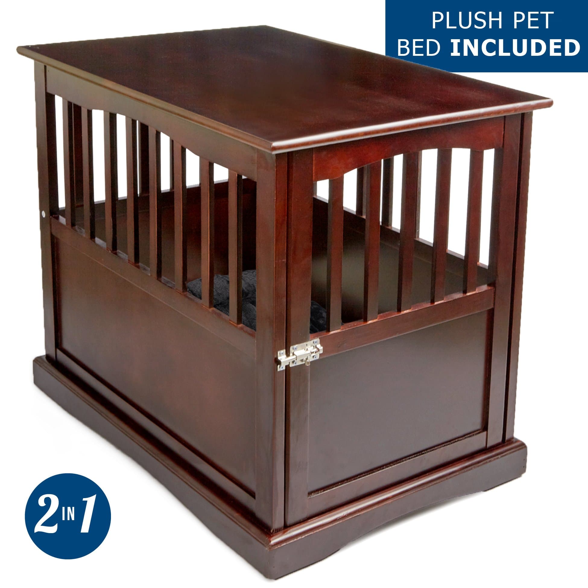 Petlo Pet Crate Kennel and End Table with Lockable Door and Black Faux Fur Mattress Pad - Elegant Pinewood Furniture - Espresso Finish - 18" W x 26" D x 24" H