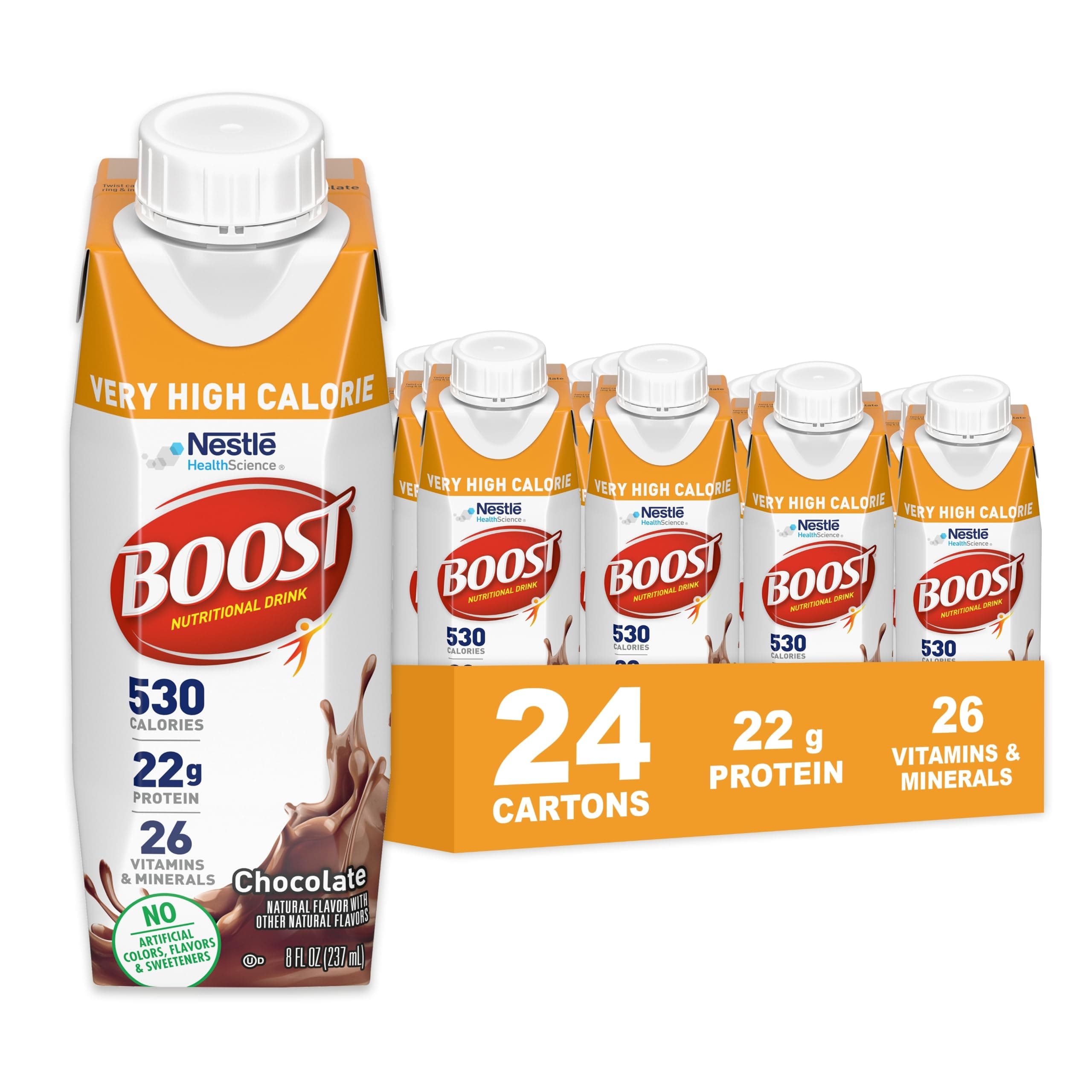 BOOST Very High Calorie Nutritional Drink – Helps Weight Gain & Maintenance - 530 Calories - 26 Vitamins & Minerals - 22 g Protein - Calorie-Dense Nutritional Drink - Chocolate - 8 fl oz (Pack of 24)