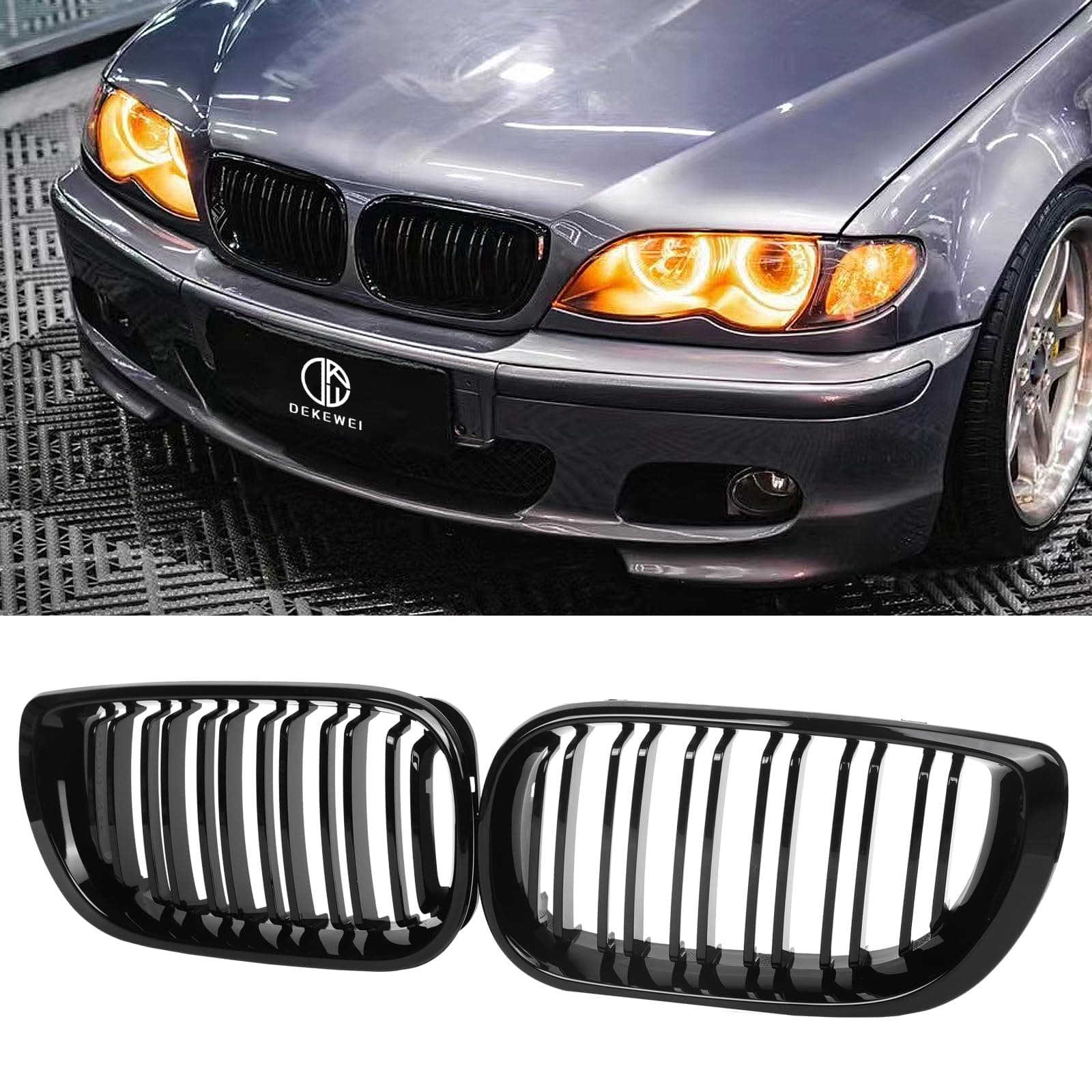 E46 Grille, Front Kidney Grill Compatible with BMW 3 Series 2002-2005 E46 4-Door 320i 325i 325xi 330i 330xi Double Slats Gloss Black Grill